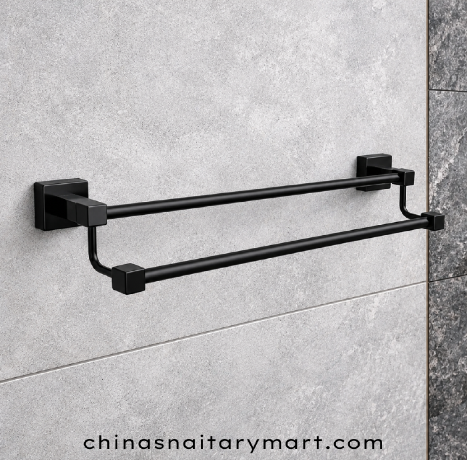 black double rail towel rack, wall mounted black towel holder, two bar bathroom towel rack, modern black towel rack with square brackets