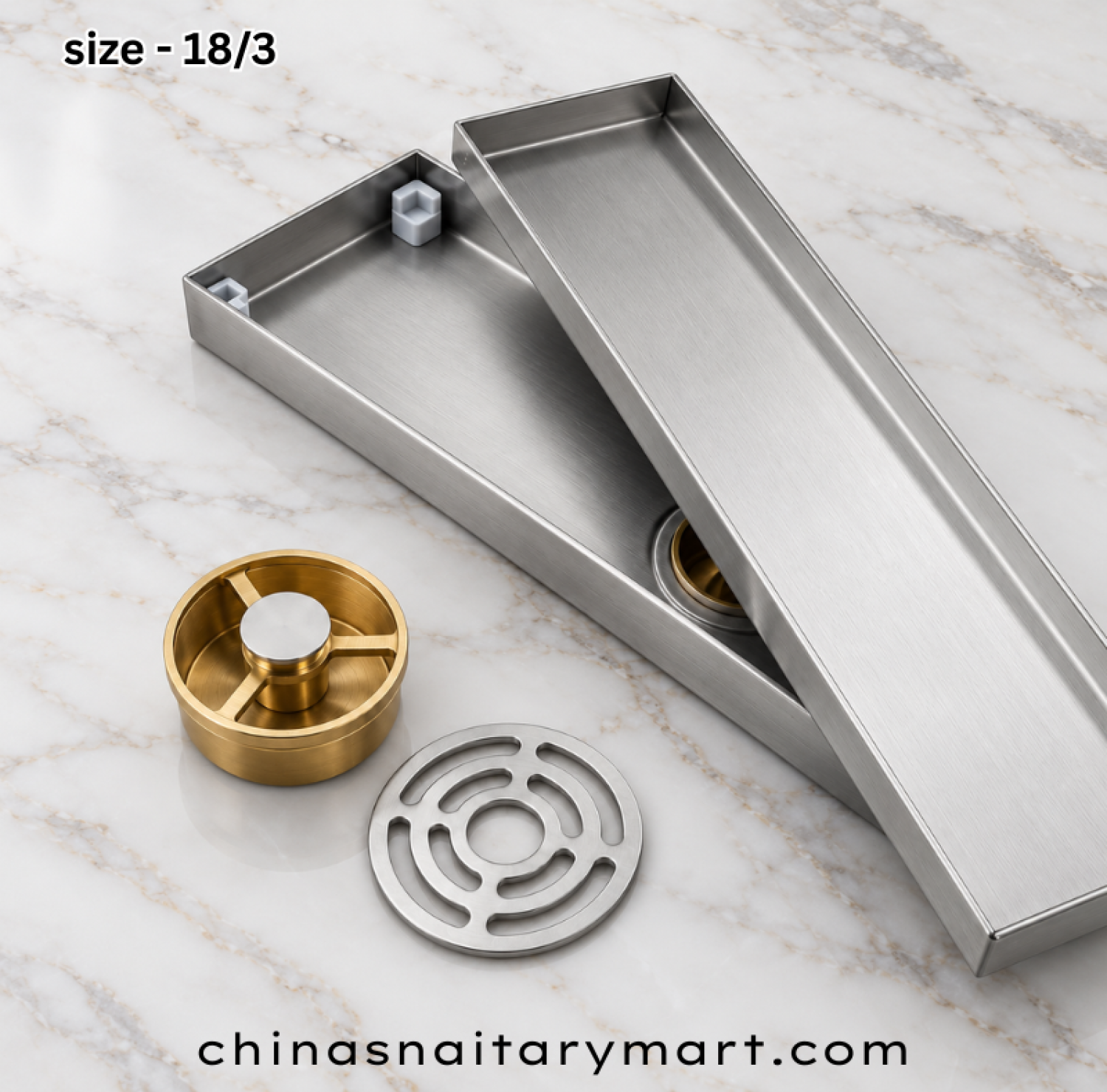 RUUM 18x3 inch invisible floor drain, SS matte tile insert drain, concealed tile cover floor drain, side hole bathroom drain, stainless steel matte floor drain