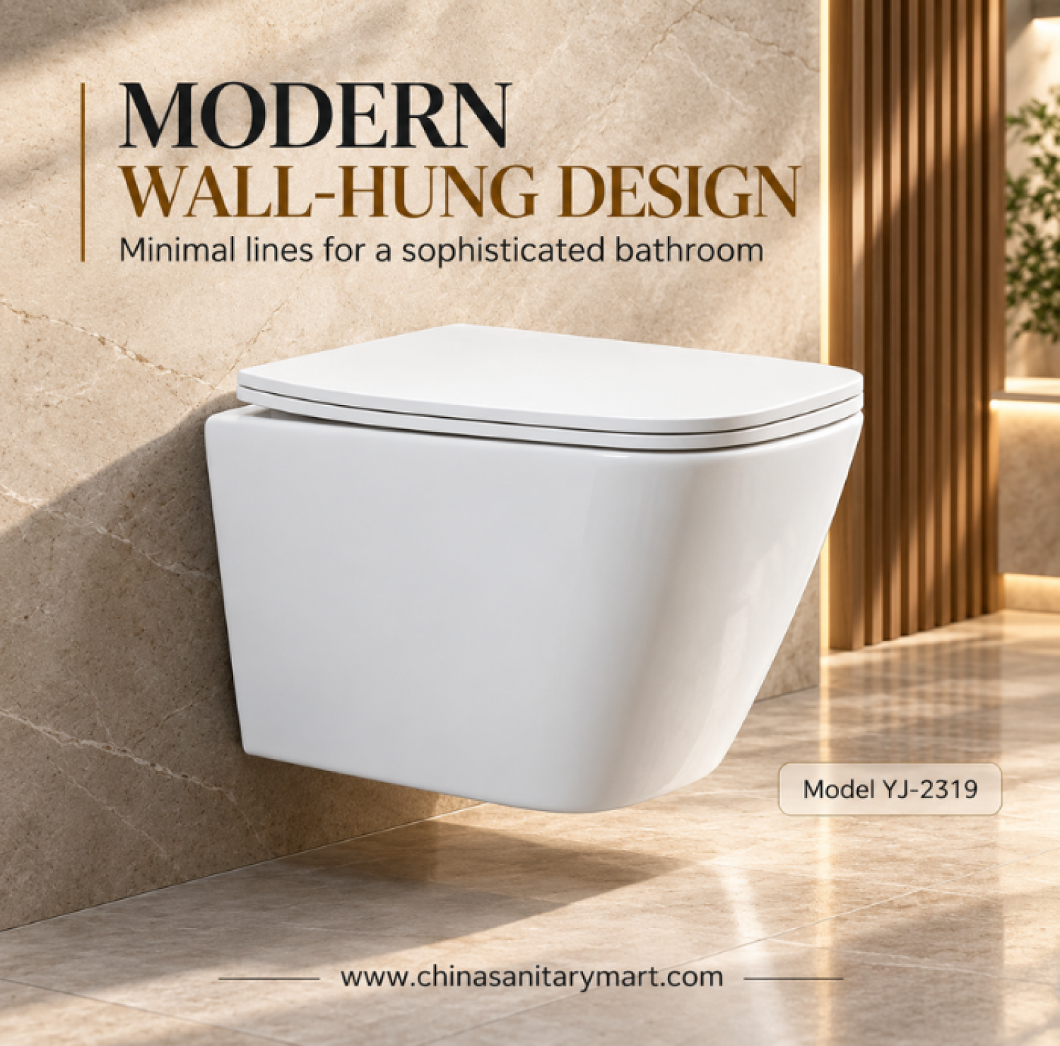 YJ-2319 wall hung commode, glossy white wall mounted toilet, modern ceramic wall hung toilet, space saving bathroom commode, concealed cistern toilet, China Sanitary Mart