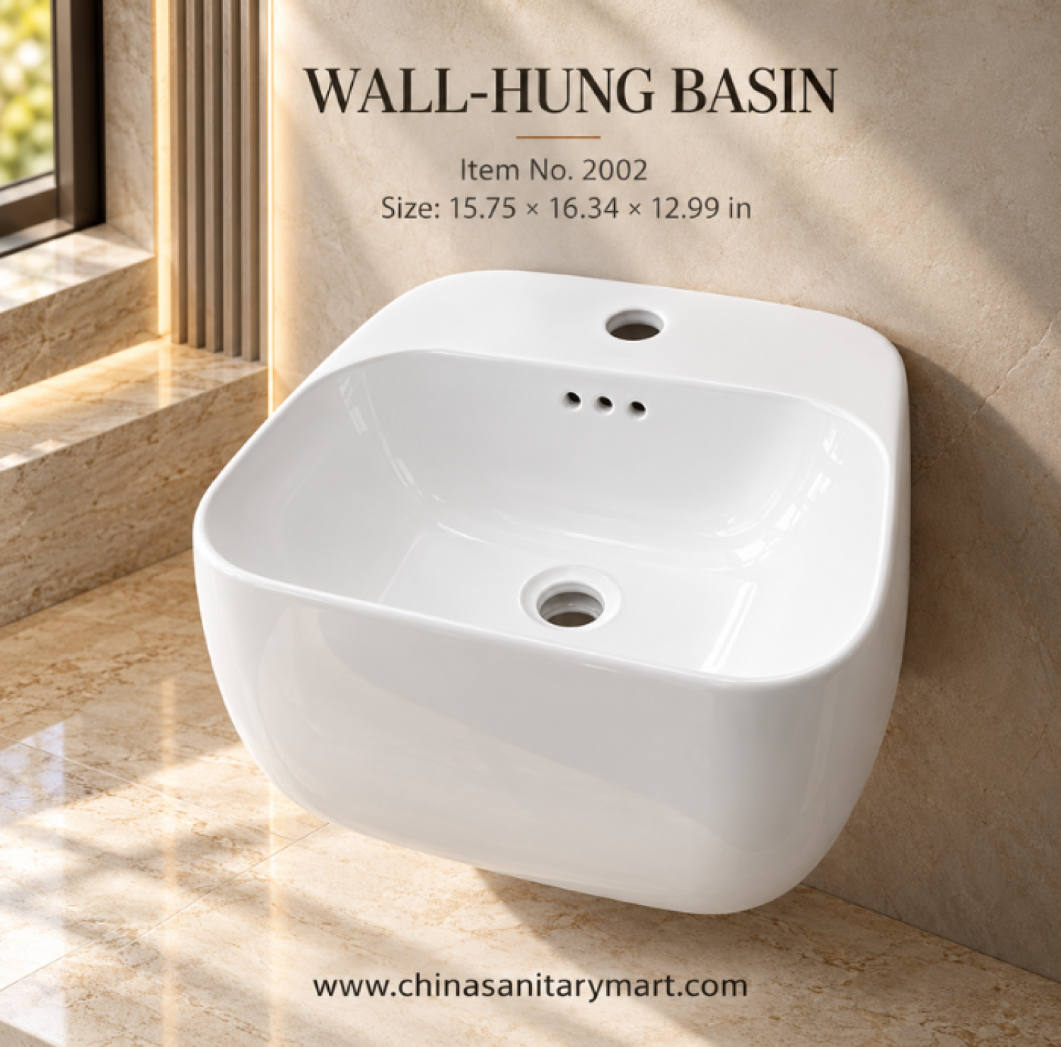 W-2002 16x16 inch wall hung basin, glossy white wall mounted wash basin, rounded rectangular ceramic basin, modern wall mounted bathroom sink, white bathroom basin with faucet holes