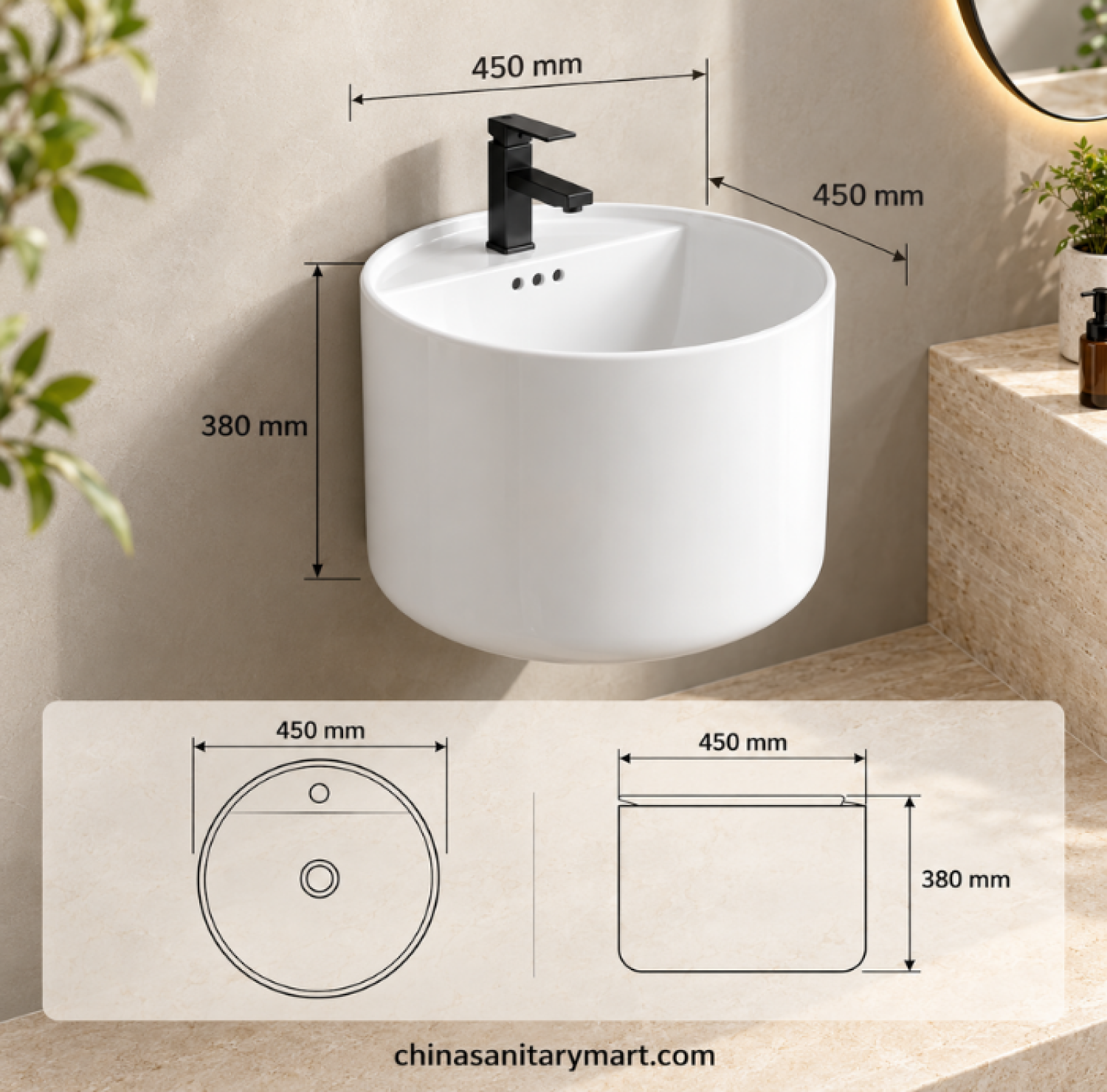 W-B-173 18x18 inch wall hung basin, round column-shaped white basin, glossy ceramic wall mounted wash basin, modern round bathroom basin, space saving wall hung basin