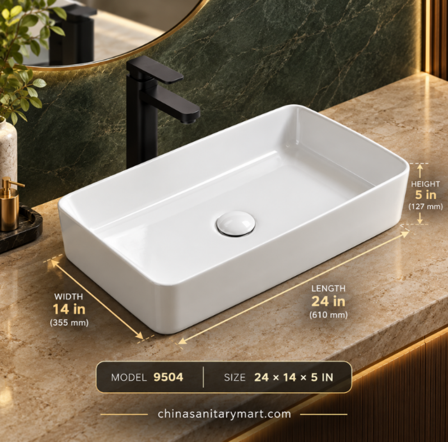 W-9504 24x14 inch tabletop basin, rectangular white ceramic wash basin, glossy countertop basin, modern bathroom vanity basin, 24 inch rectangular wash basin