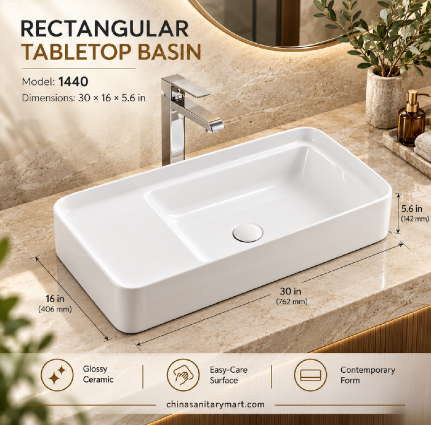 W-1440 white ceramic table top basin, 30x16x5.6 inch wash basin, large white countertop basin, modern ceramic vanity basin, bathroom wash basin Bangladesh