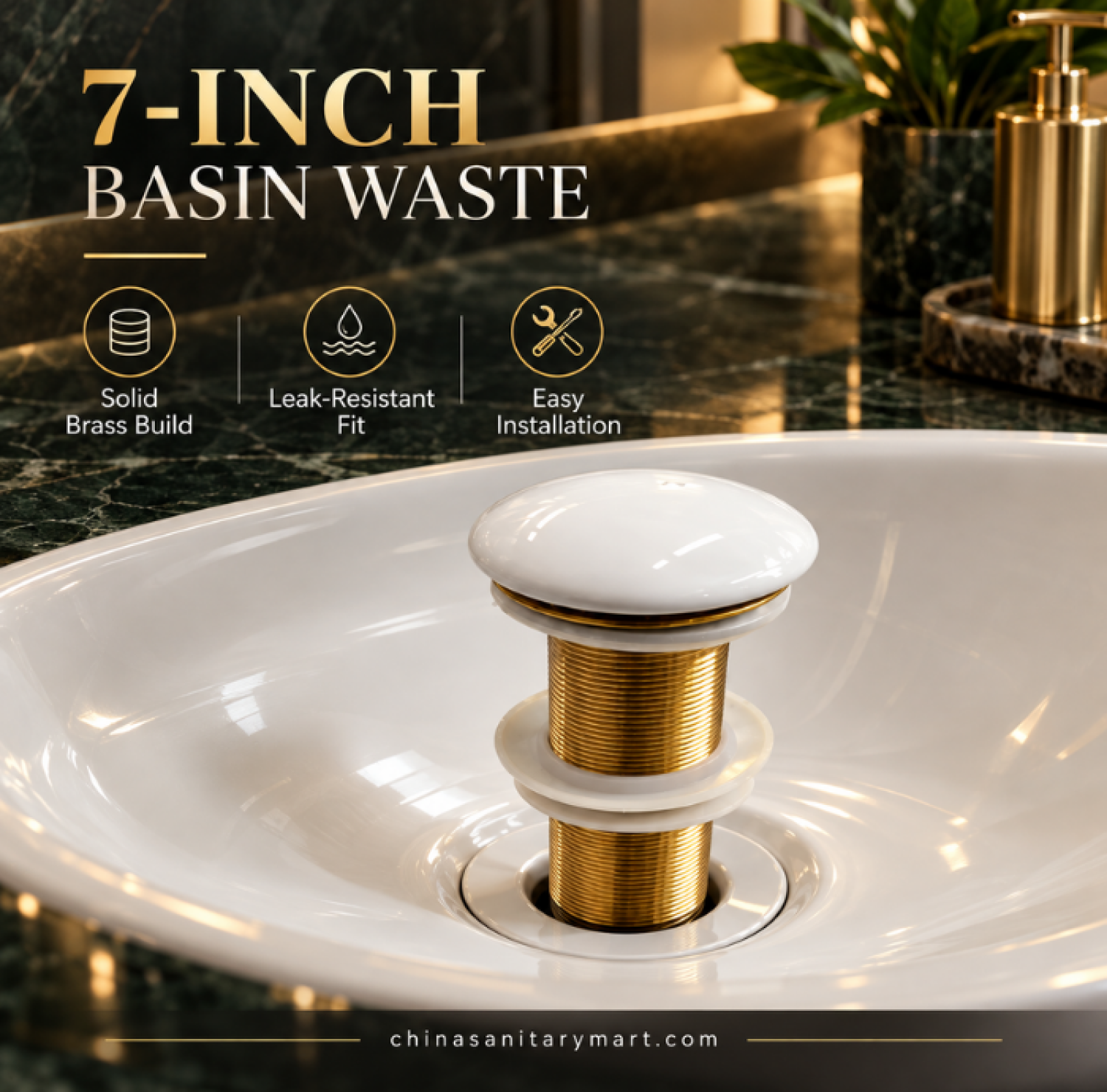 7 inch W-Model brass white pop up basin waste, white top basin drain, brass pop up wash basin waste, bathroom drainage fitting, white basin waste accessory