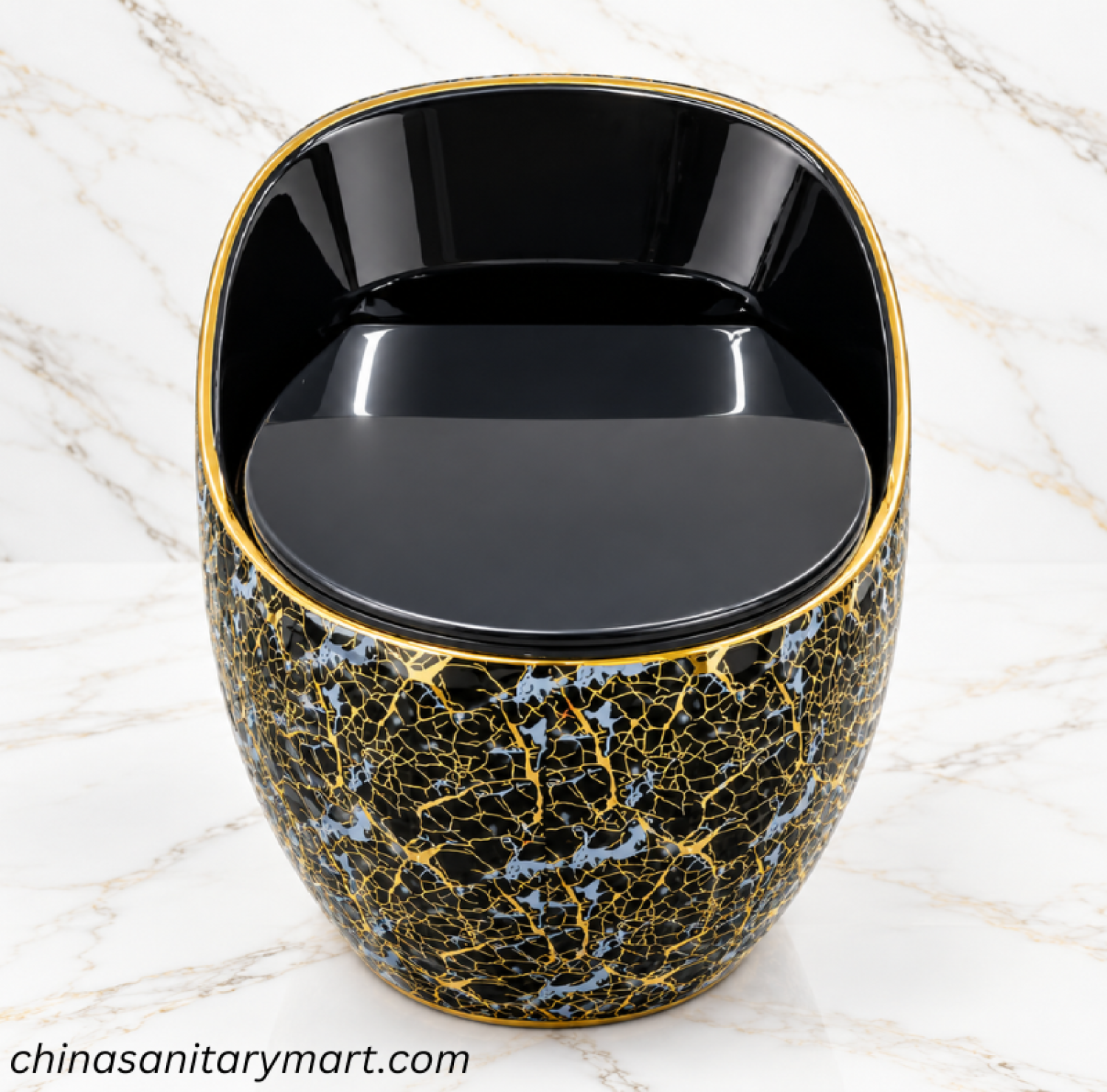 Ori black marble shed commode, black and gold marble effect commode, luxury black toilet, glossy black commode with gold pattern, designer bathroom sanitaryware