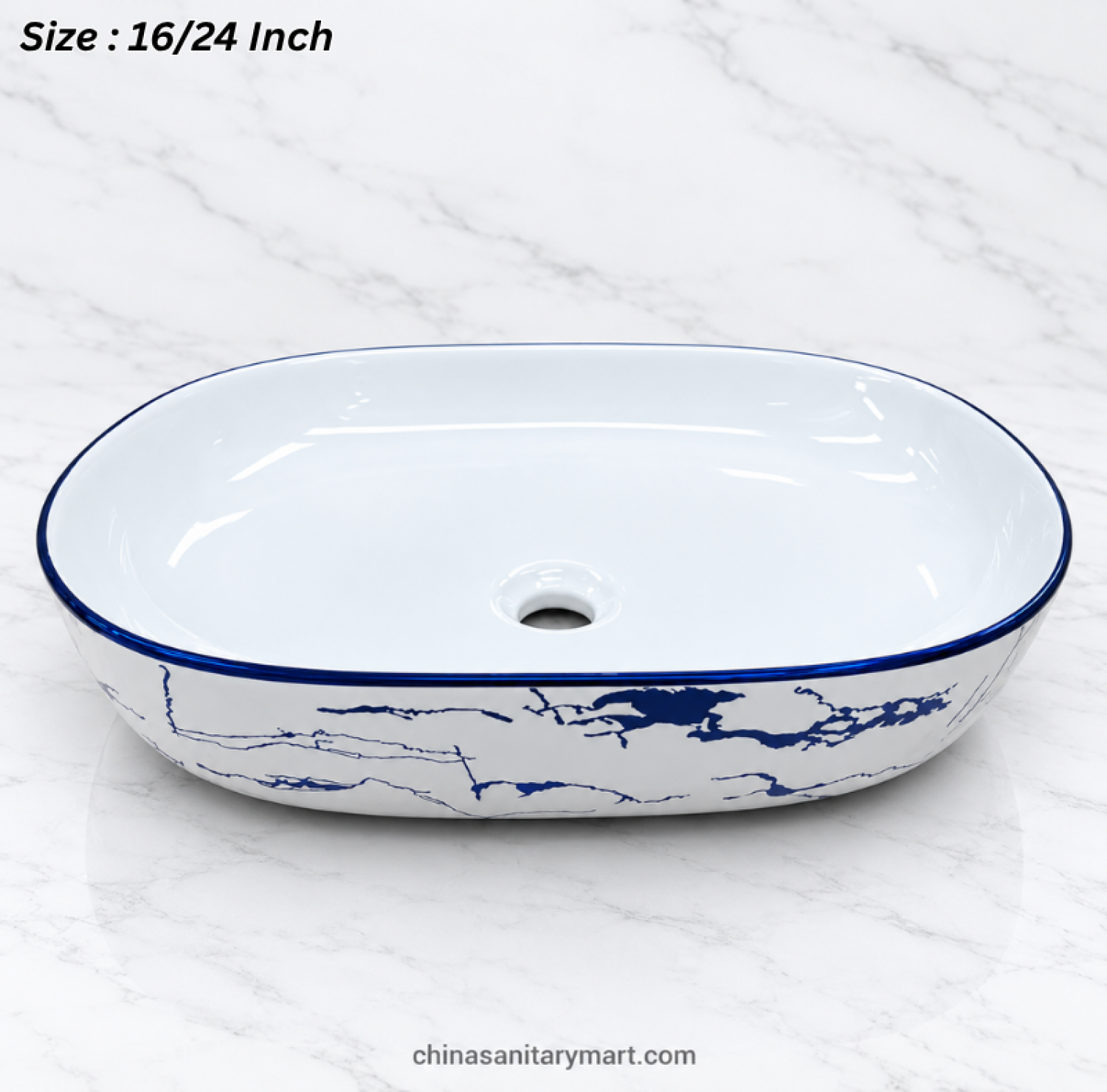 A084GE blue marble design art basin, 16×24 inch oval basin, white basin with blue marble pattern, blue rim countertop basin, designer bathroom wash basin