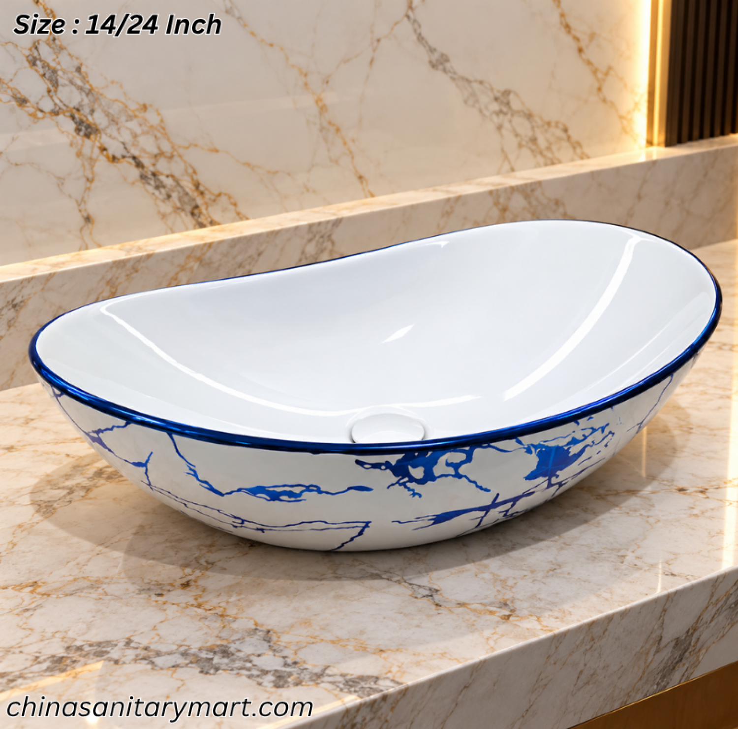 A888GBA blue marble design art basin, 14×24 inch oval wash basin, white basin with blue marble pattern, blue rim countertop basin, designer bathroom basin Bangladesh
