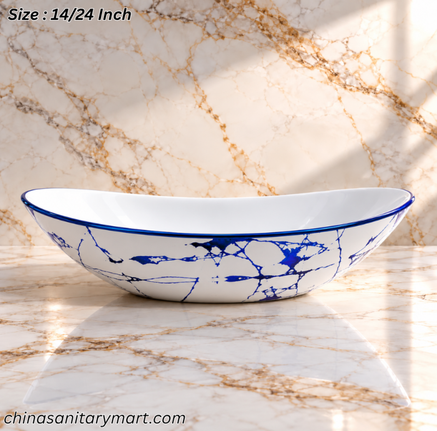 A888GBA blue marble design art basin, 14×24 inch oval wash basin, white basin with blue marble pattern, blue rim countertop basin, designer bathroom basin Bangladesh