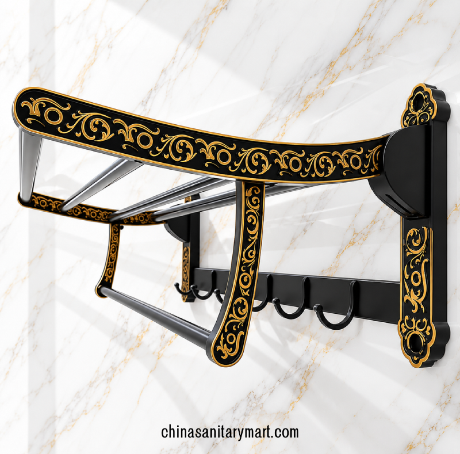 black and golden towel rack, black gold bathroom towel holder with hooks, decorative multi-level towel rack, luxury bathroom towel organizer, black towel rack with golden patterns