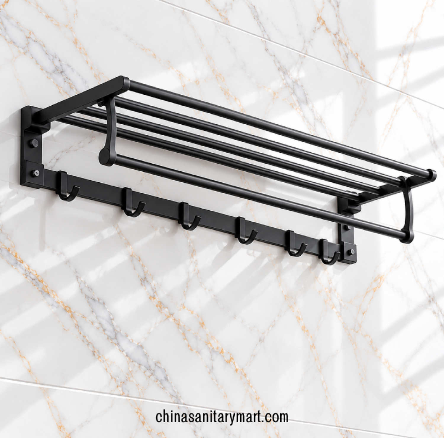 black towel rack, matte black wall mounted towel rack, bathroom towel rack with multiple bars, black towel holder with hooks, foldable bathroom towel organizer