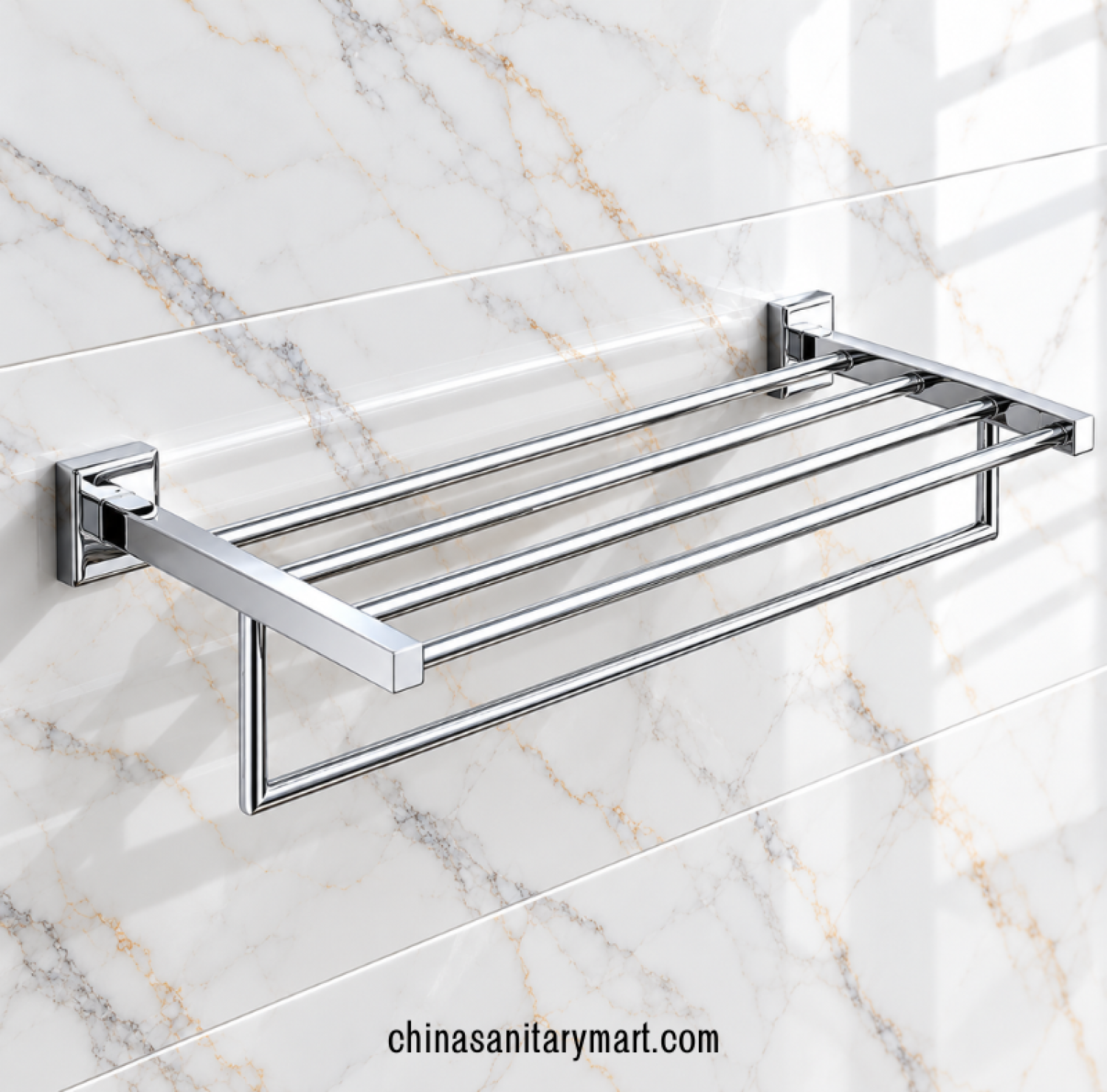square towel rack CP, polished chrome bathroom towel rack, towel rack with upper shelf, chrome towel holder with hanging bar, modern bathroom towel storage rack