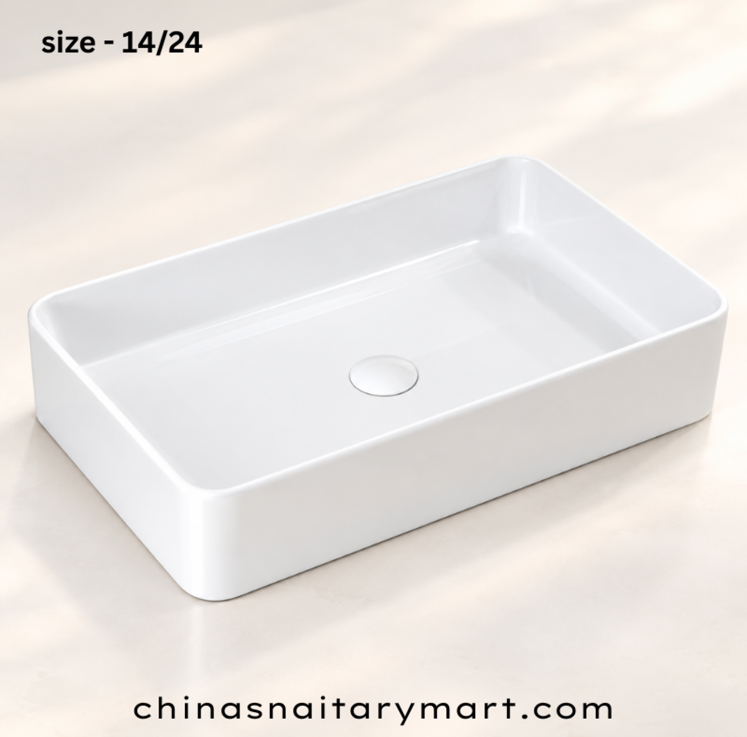 IS-A3068 14 × 24 Inch White Marble Top Basin with premium ceramic construction, glossy white finish, rectangular countertop design, spacious wash bowl, scratch-resistant surface, and modern luxury bathroom for residential and commercial use.