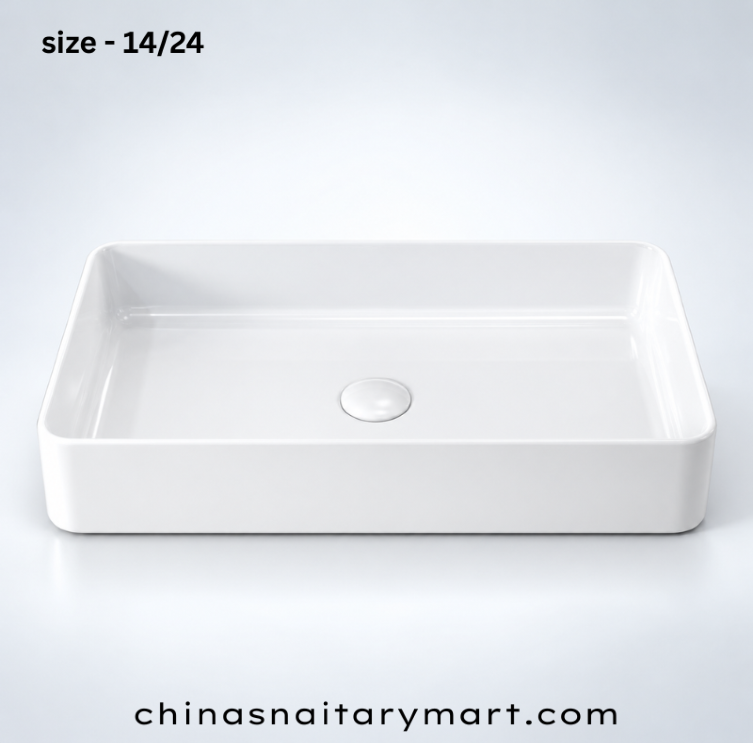 IS-A3068 14 × 24 Inch White Marble Top Basin with premium ceramic construction, glossy white finish, rectangular countertop design, spacious wash bowl, scratch-resistant surface, and modern luxury bathroom for residential and commercial use.