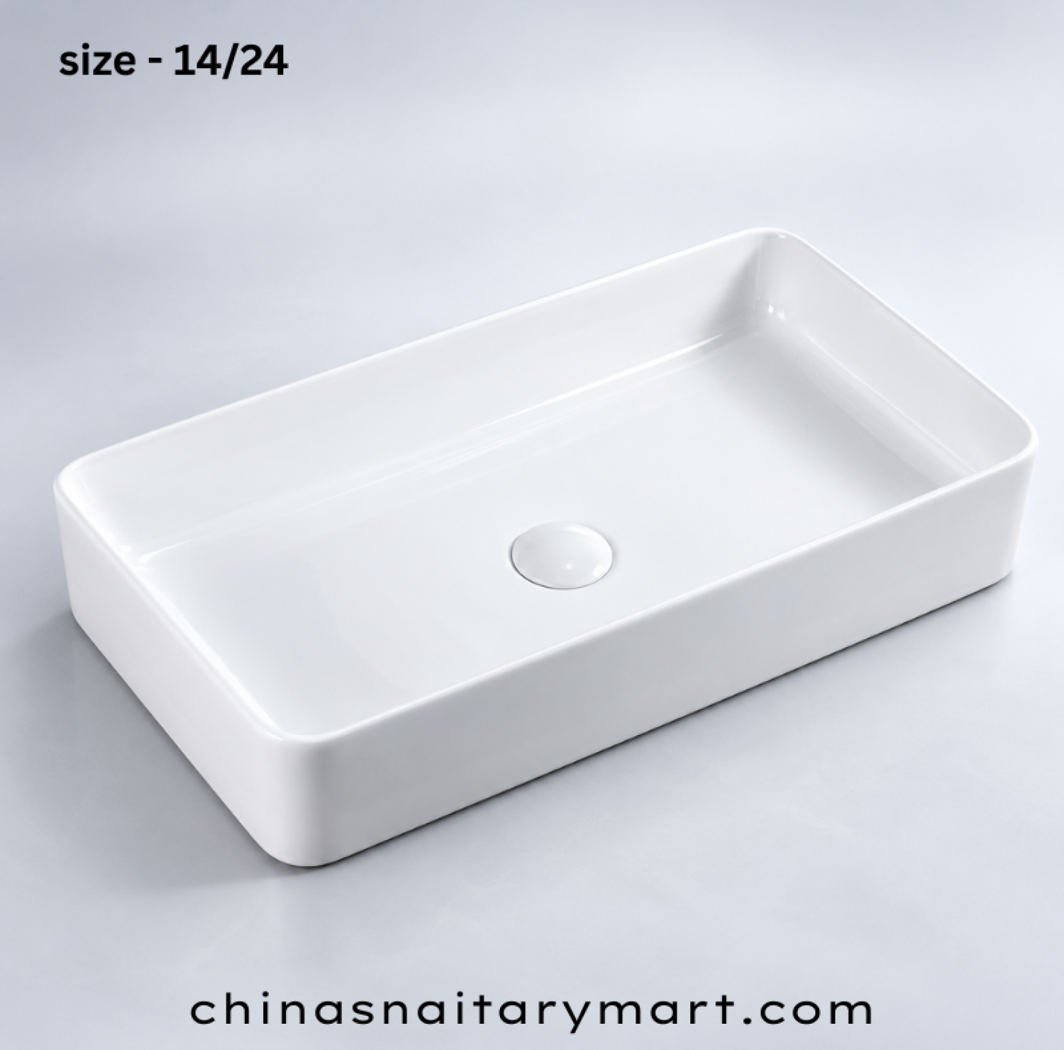 IS-A3068 14 × 24 Inch White Marble Top Basin with premium ceramic construction, glossy white finish, rectangular countertop design, spacious wash bowl, scratch-resistant surface, and modern luxury bathroom for residential and commercial use.