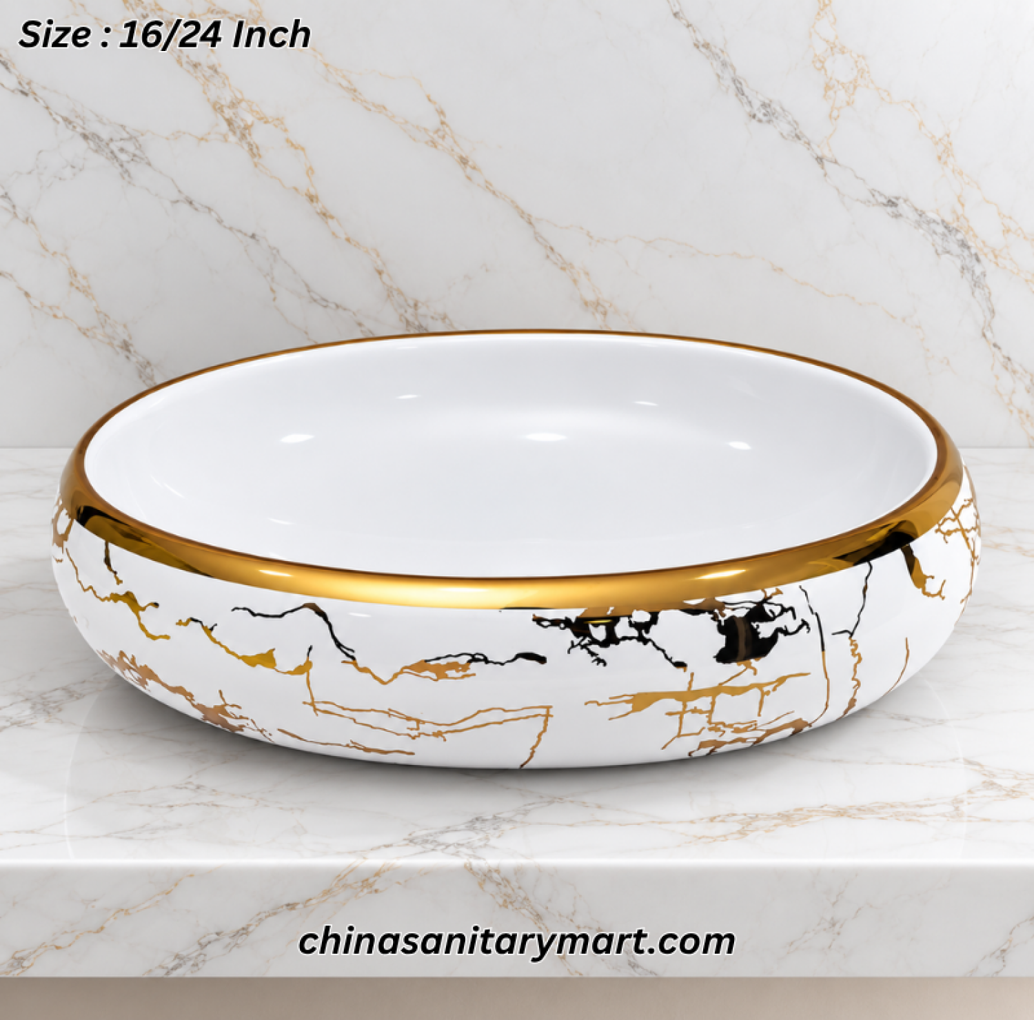 White egg shape basin, 24x16 vessel basin, gold pattern ceramic basin, luxury art basin, modern bathroom washbasin, designer vanity basin, elegant white basin, high-end vessel basin, bathroom decor, contemporary bathroom fixtures.