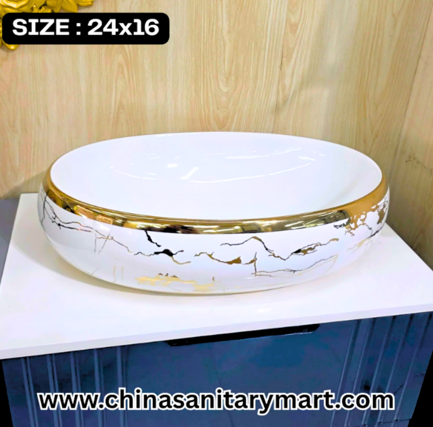 White egg shape basin, 24x16 vessel basin, gold pattern ceramic basin, luxury art basin, modern bathroom washbasin, designer vanity basin, elegant white basin, high-end vessel basin, bathroom decor, contemporary bathroom fixtures.