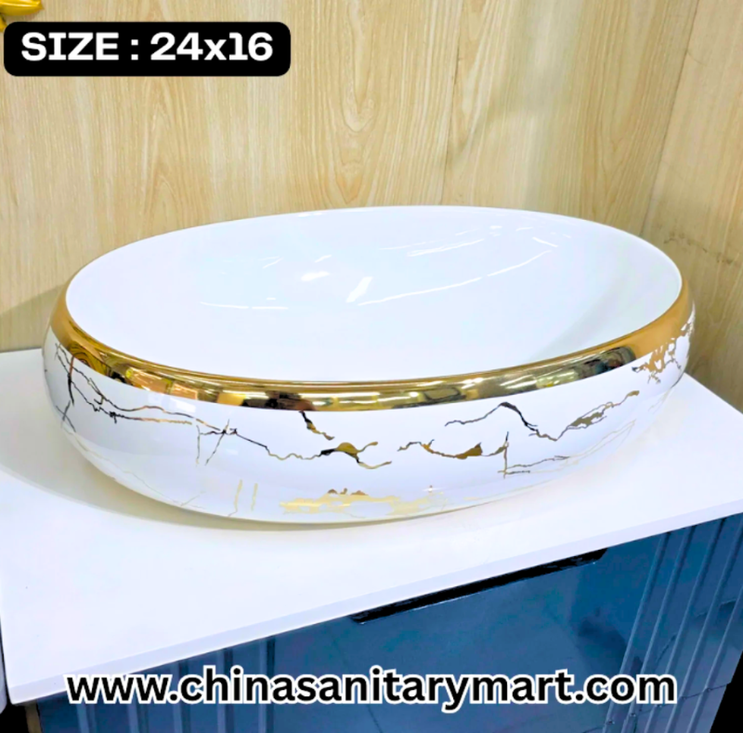 White egg shape basin, 24x16 vessel basin, gold pattern ceramic basin, luxury art basin, modern bathroom washbasin, designer vanity basin, elegant white basin, high-end vessel basin, bathroom decor, contemporary bathroom fixtures.