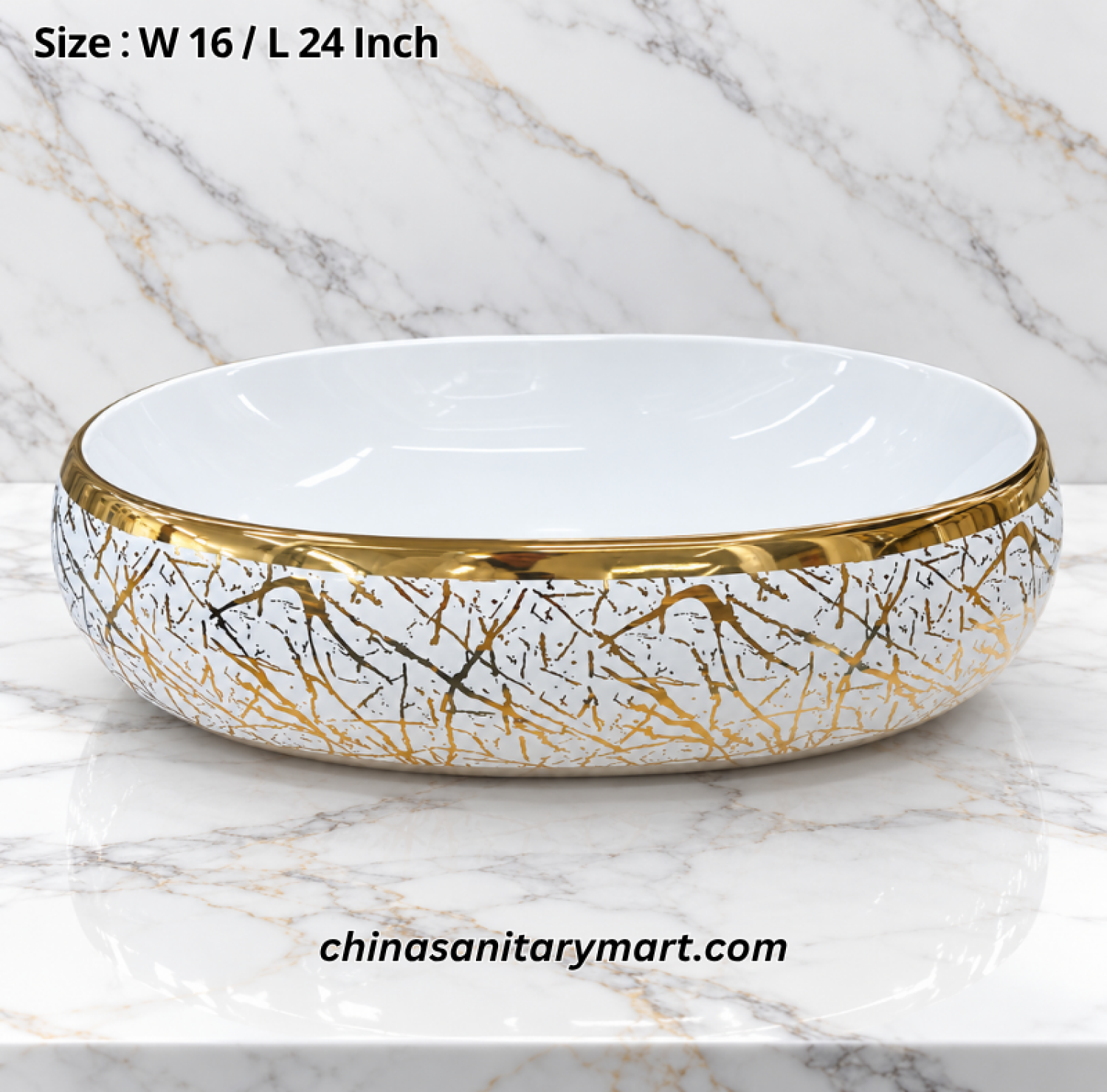 B1266-381 white golden oval top basin, 16x24 inch countertop wash basin, white basin with gold rim, gold and dark marble pattern basin, luxury oval bathroom basin