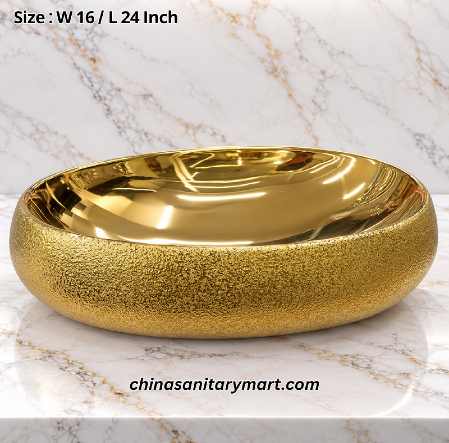 16x24 inch full golden top basin, oval golden countertop wash basin, textured gold bathroom basin, luxury golden washbasin, reflective gold top basin, designer bathroom basin Bangladesh