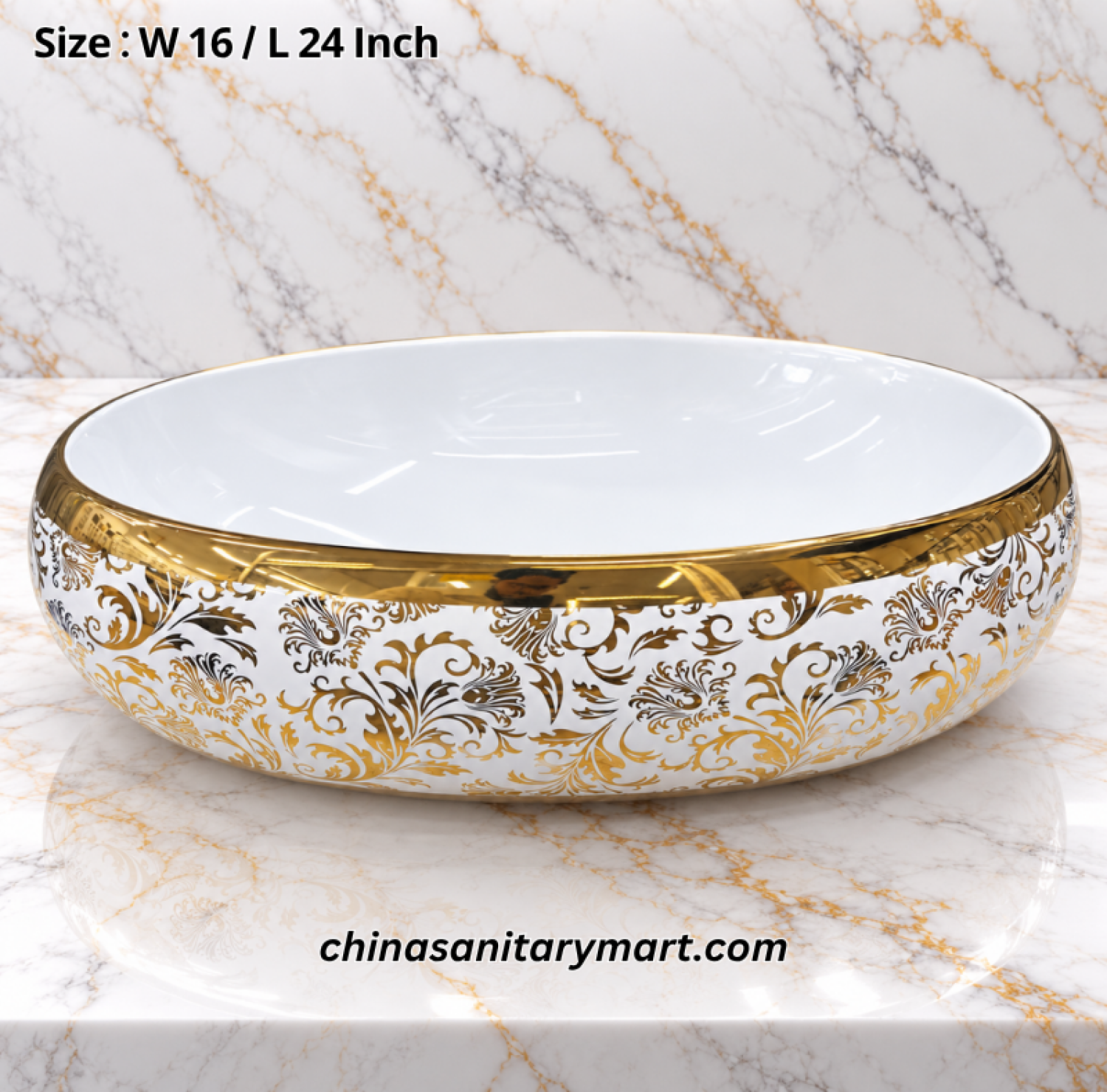 B1266-211-E01 white golden oval top basin, 16x24 inch decorative wash basin, white basin with gold rim, gold and black ornamental basin, luxury countertop bathroom basin