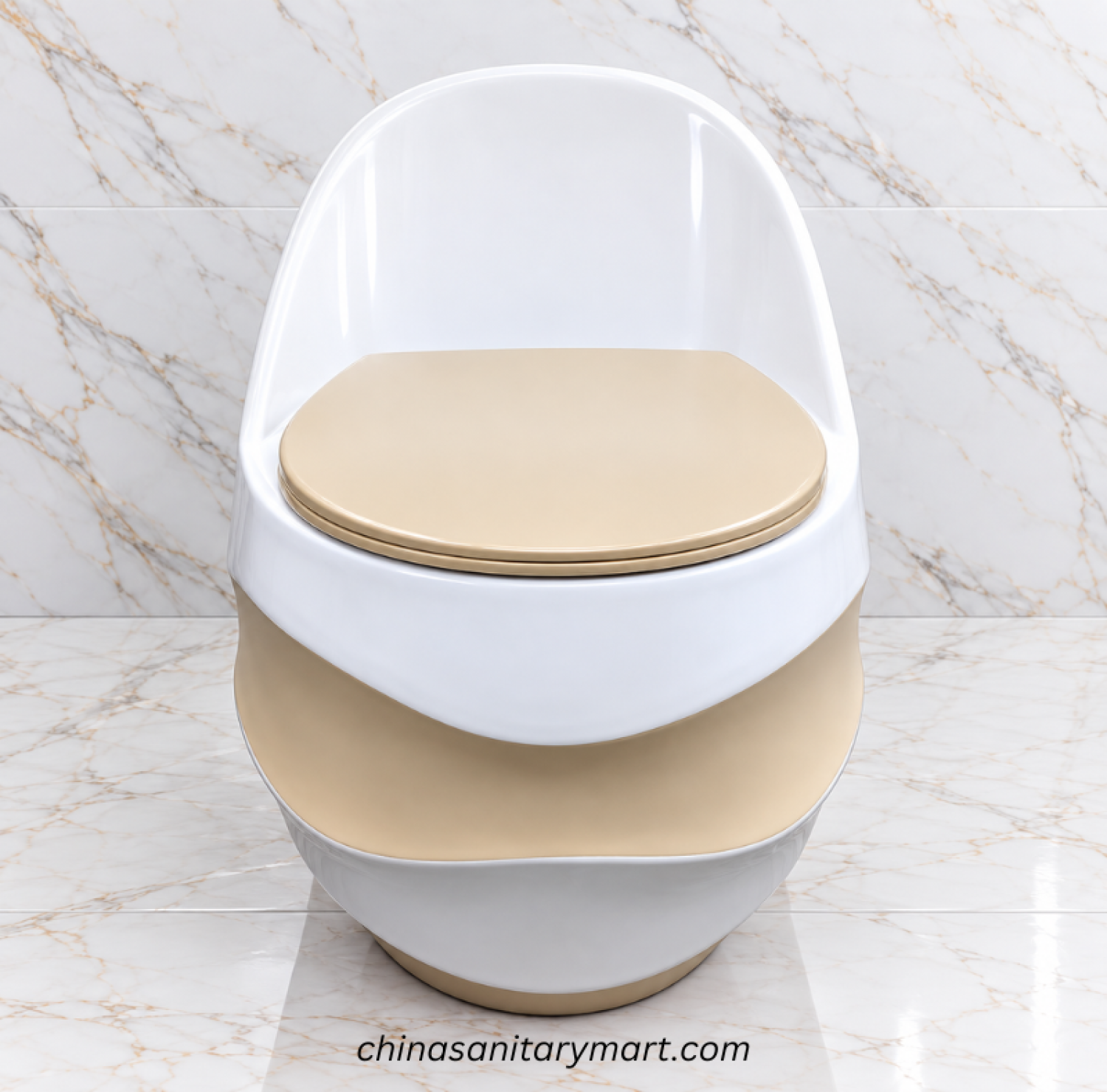 Ori-3048HK white and beige wave D commode, modern two tone toilet, beige seat cover commode, curved designer toilet, white bathroom commode with beige accent