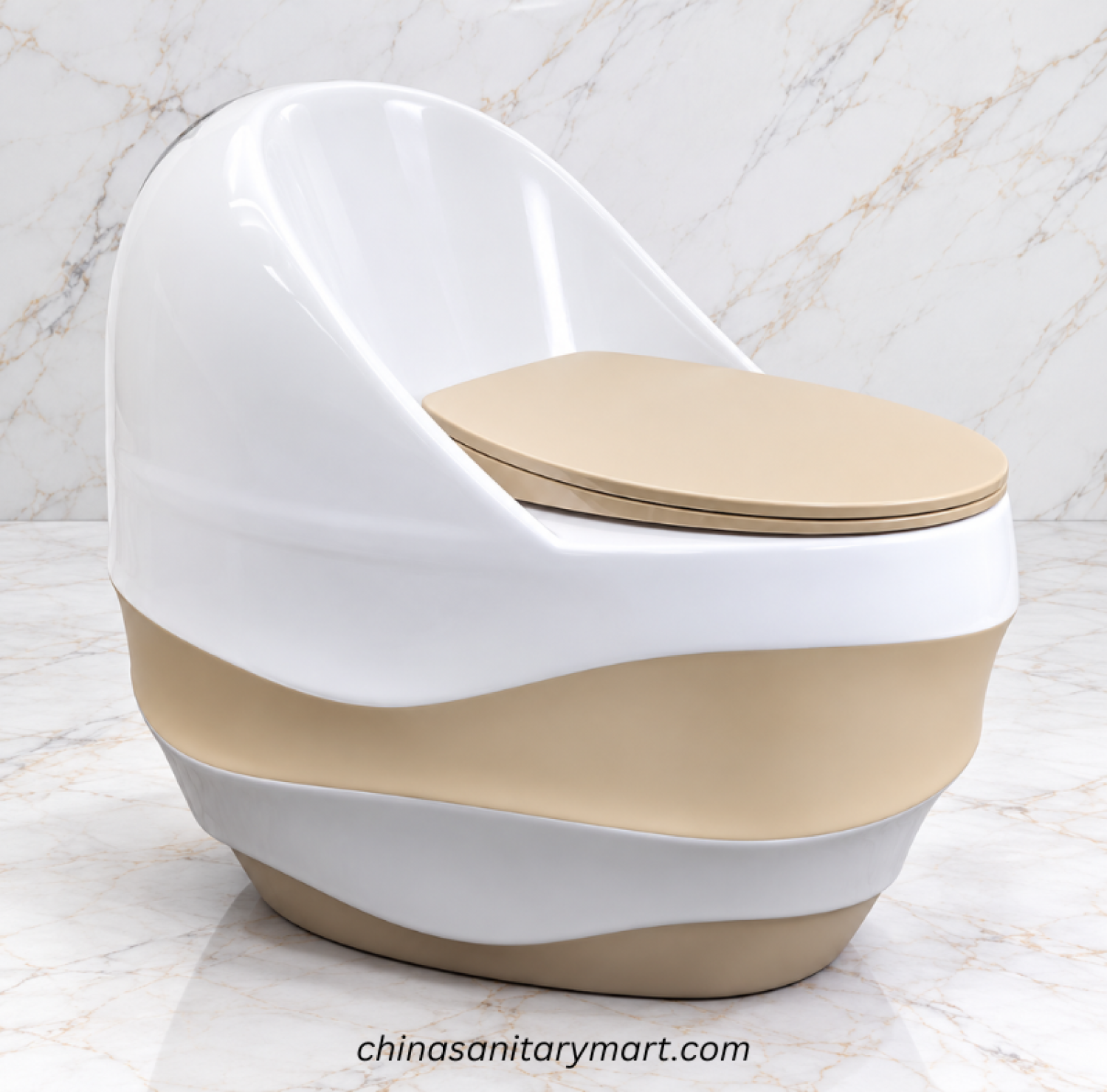 Ori-3048HK white and beige wave D commode, modern two tone toilet, beige seat cover commode, curved designer toilet, white bathroom commode with beige accent