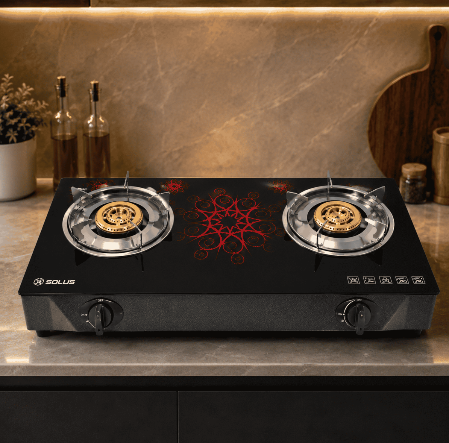 SOLUS 225H, double burner gas stove, tempered glass cooktop, modern gas stove, efficient kitchen burner, durable glass gas range, sleek kitchen appliance, high-performance cooktop, 2-burner gas stove, premium kitchen stove.