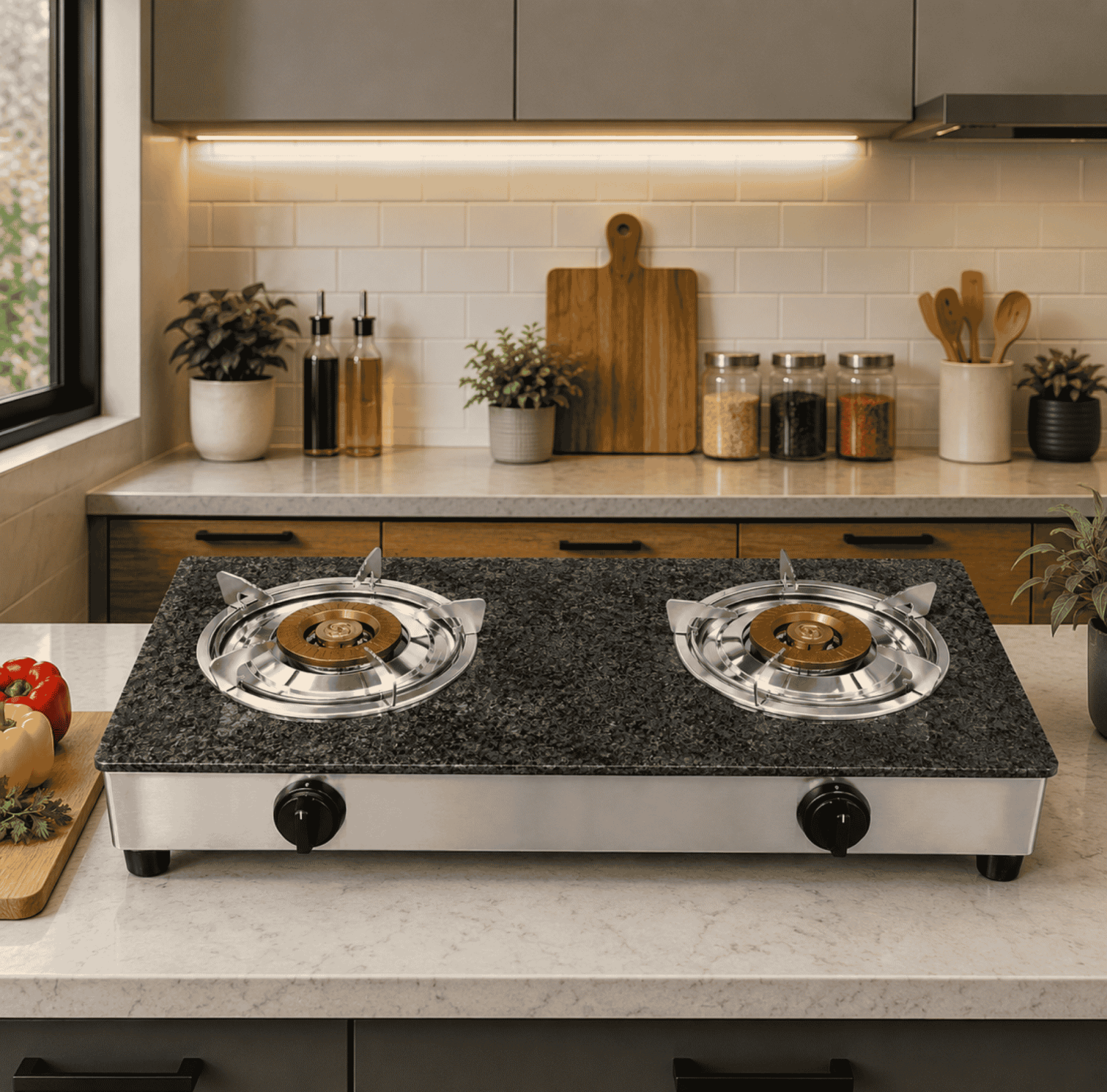 SOLUS marble gas stove, double burner marble cooktop, designer gas stove, luxury tempered glass stove, efficient gas burner, modern kitchen appliance, marble finish cooktop, durable gas range, stylish kitchen stove, premium gas cooker.
