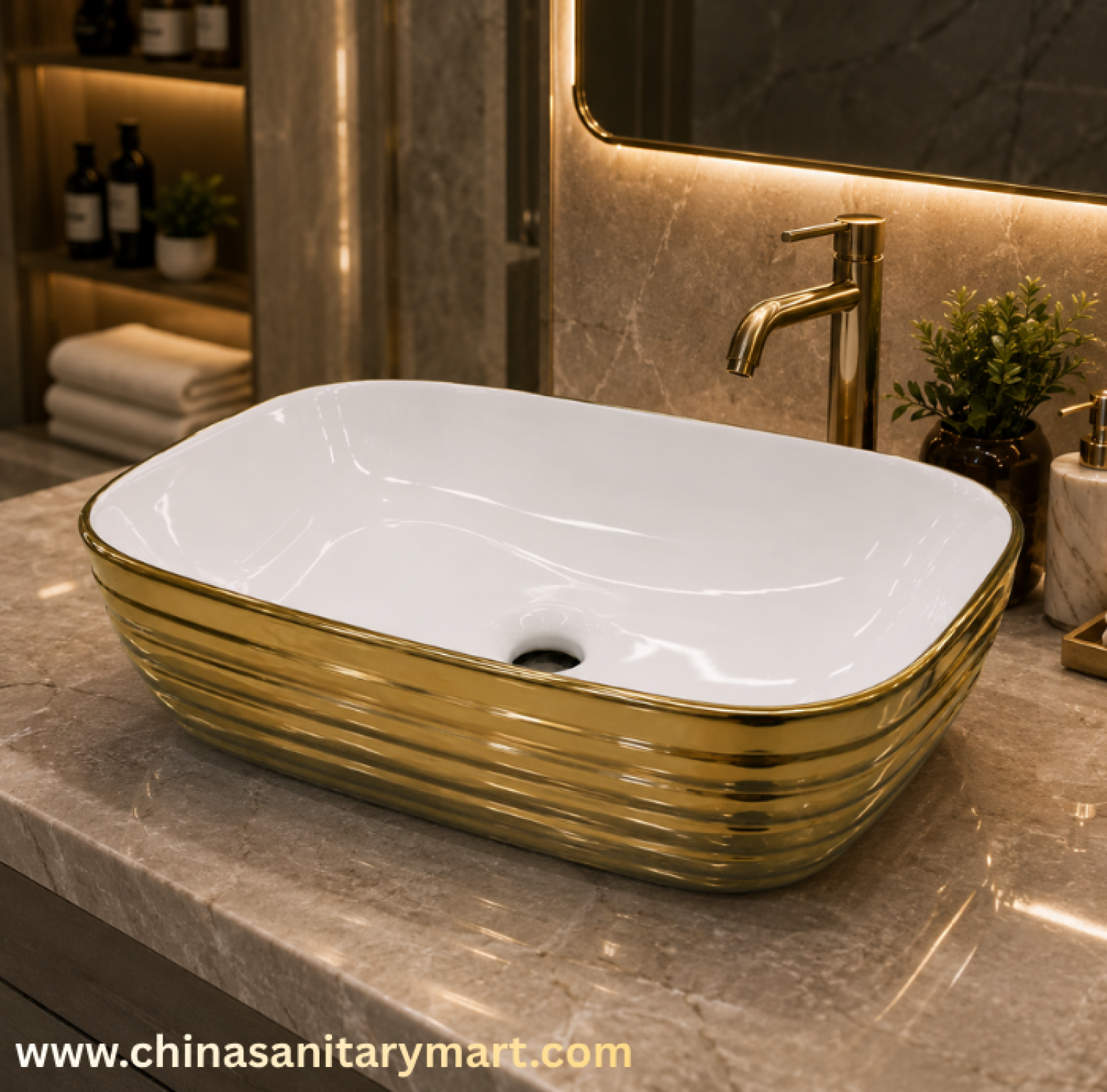 13x18 top basin,white inside golden basin,golden ripple top basin,counter top wash basin,luxury ceramic basin,premium art basin,bathroom top basin,white ceramic basin,golden wash basin,China Sanitary Mart,Bangladesh