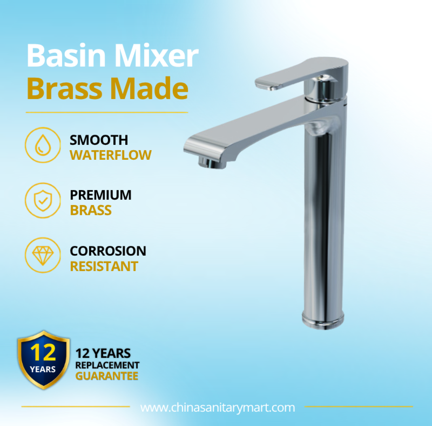 AST basin mixer large Linus, Linus chrome basin mixer, premium brass basin faucet, tall bathroom faucet, large  basin mixer, modern chrome basin mixer, hot cold basin faucet, single lever basin mixer, China Sanitary Mart