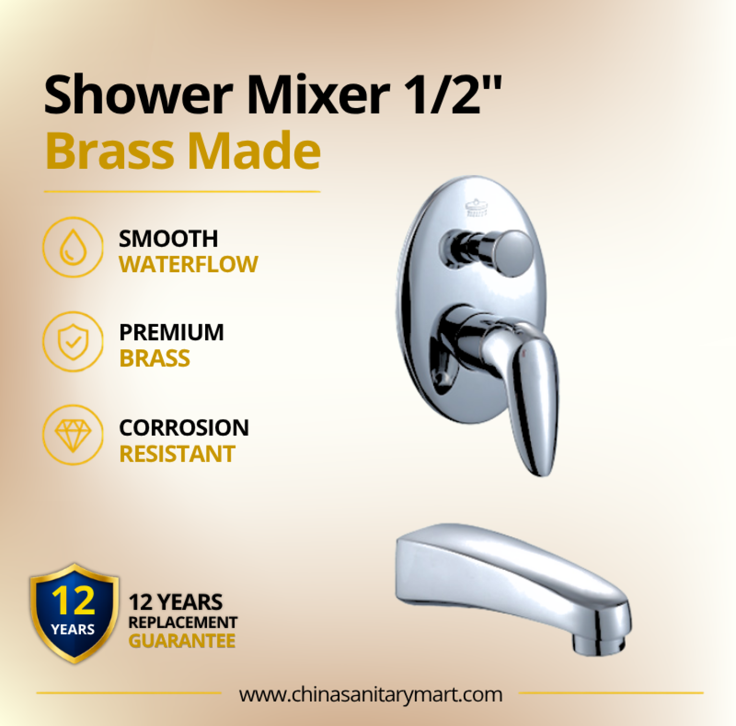 1x2 Inch AST Shower Mixer Oval, AST concealed shower mixer, Oval chrome shower mixer, 1/2 inch shower mixer, brass shower mixer, concealed bathroom mixer, wall mounted shower mixer, chrome shower mixer, oval shower mixer