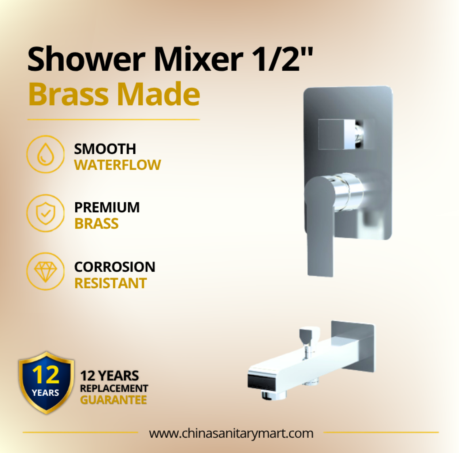1x2 Inch AST Shower Mixer Theo, AST concealed shower mixer, Theo chrome shower mixer, 1/2 inch shower mixer, brass shower mixer, concealed bathroom mixer, wall mounted shower mixer, chrome shower mixer