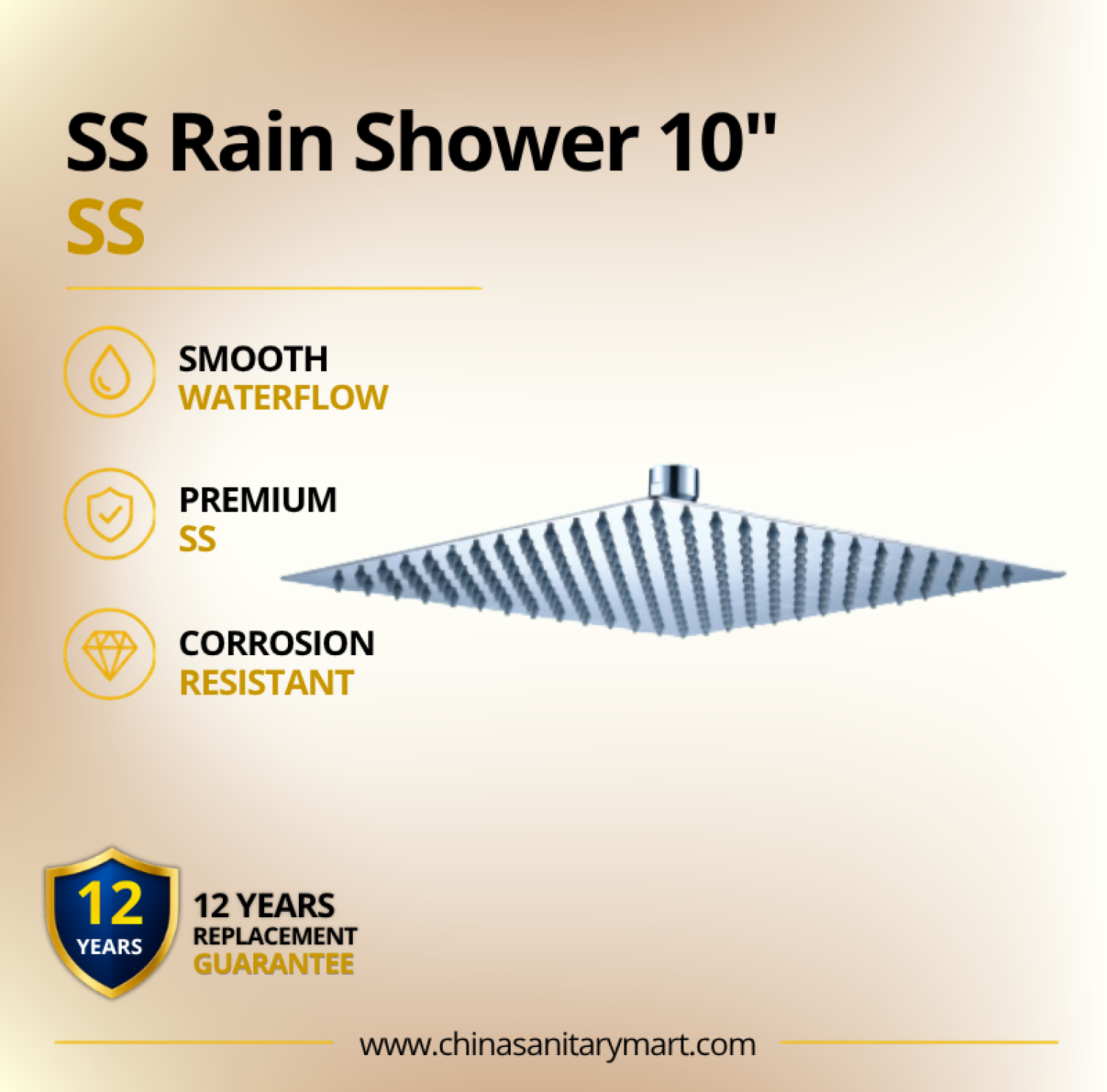 10 Inch Ast Rain Shower Square SS, stainless steel rain shower, square rain shower, 10 inch shower head, SS shower head, bathroom rain shower, chrome rain shower, Ast rain shower