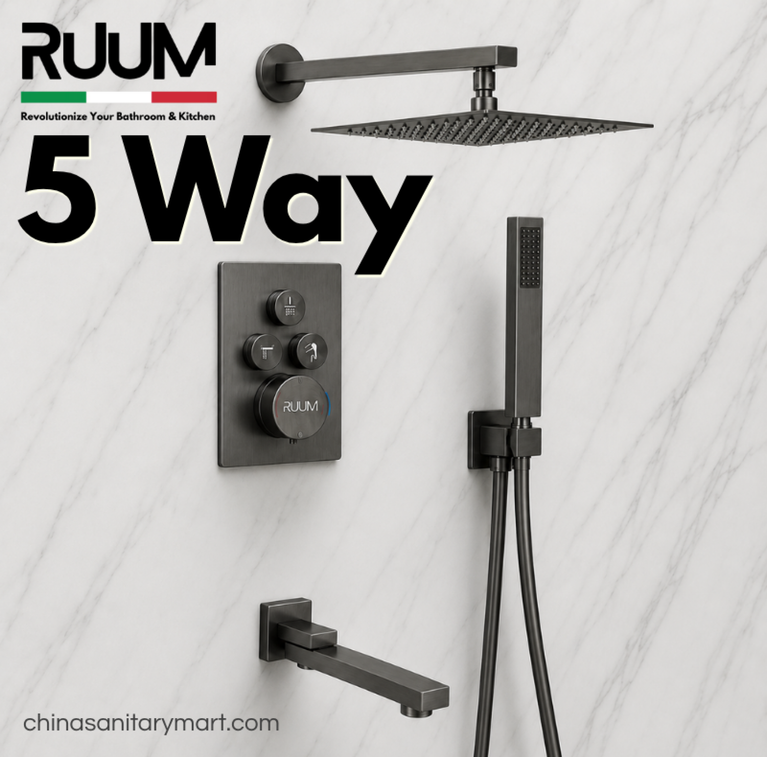 five way shower mixer gun metal, push button shower system, gun metal concealed shower mixer, rain shower hand shower set, RUUM shower mixer