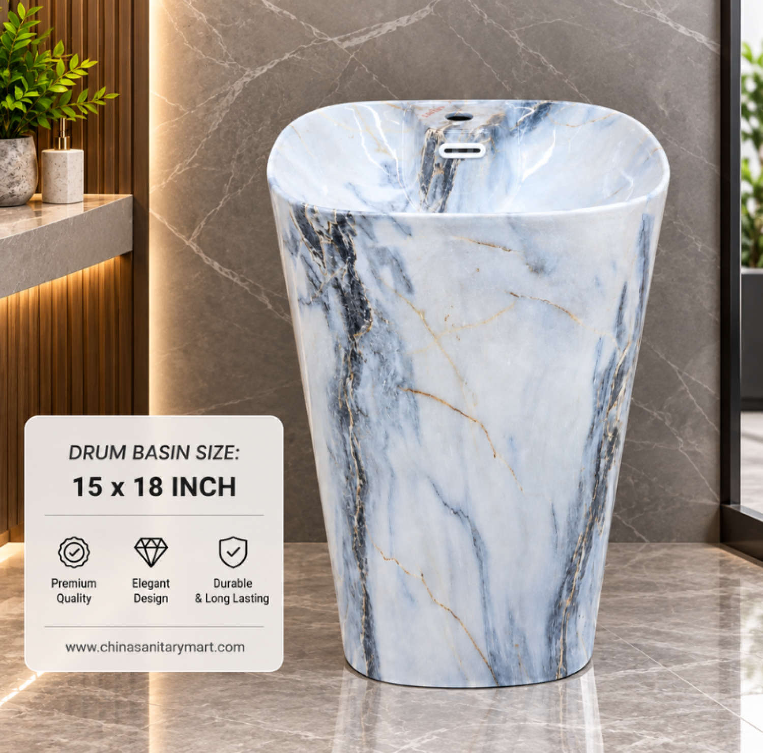15x18 Blue Marble Shade Drum Basin, Blue Marble Drum Basin, Floor Standing Blue Basin, Blue Marble Wash Basin, Modern Drum Basin