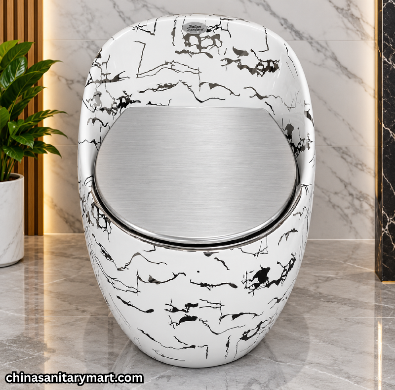 T088GE Commode, White Commode, Silver Crackle Print, Egg Shape Commode, One Piece Commode, Designer Commode, Luxury Bathroom Commode, Modern Commode, Silver Seat Cover
