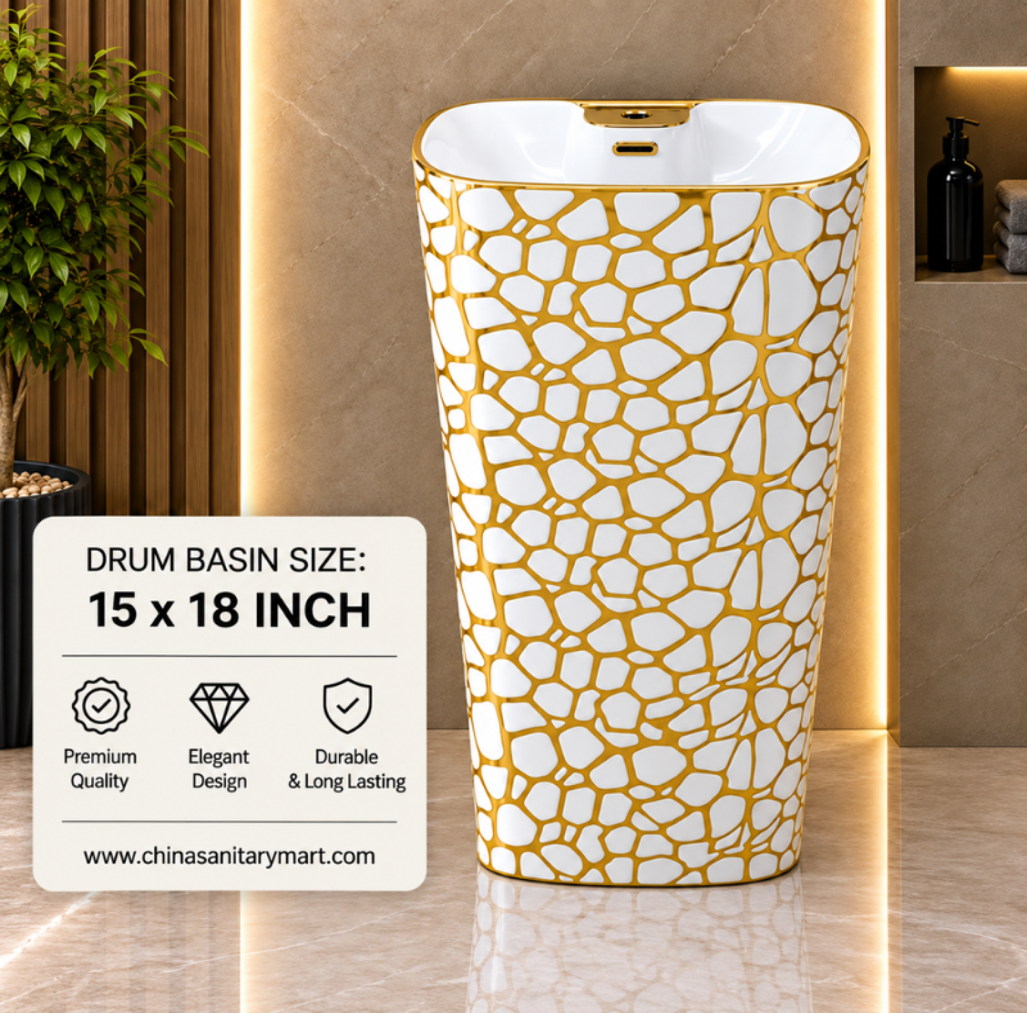15/18 inch white golden bubble marble drum basin, golden marble shed basin, luxury floor mounted bathroom basin, designer drum basin, white gold basin
