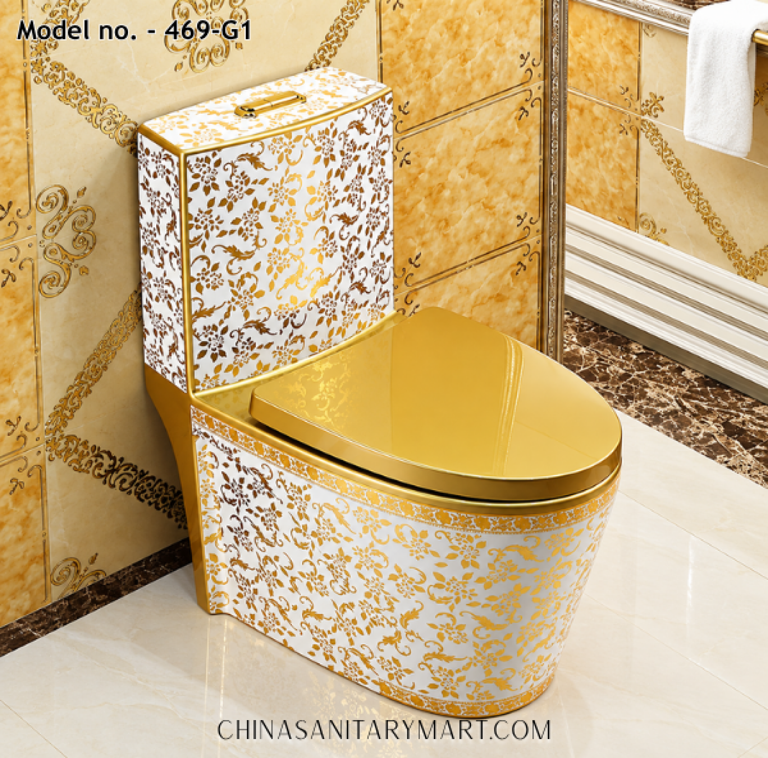 469-G1 tornado jet flush commode, white gold luxury commode, gold floral print toilet, designer one piece commode, premium gold bathroom toilet