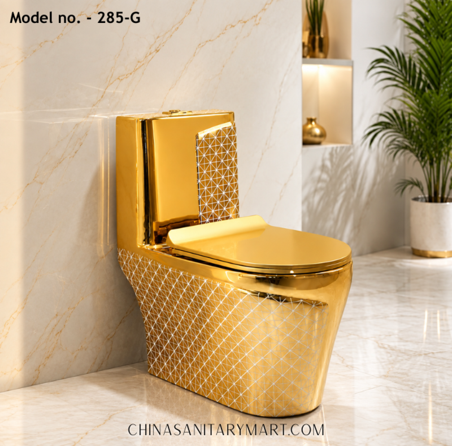 Tornado Jet Flush Commode 285-G Gold Toilet, Luxury Golden Commode, Designer Gold Toilet with Geometric Pattern