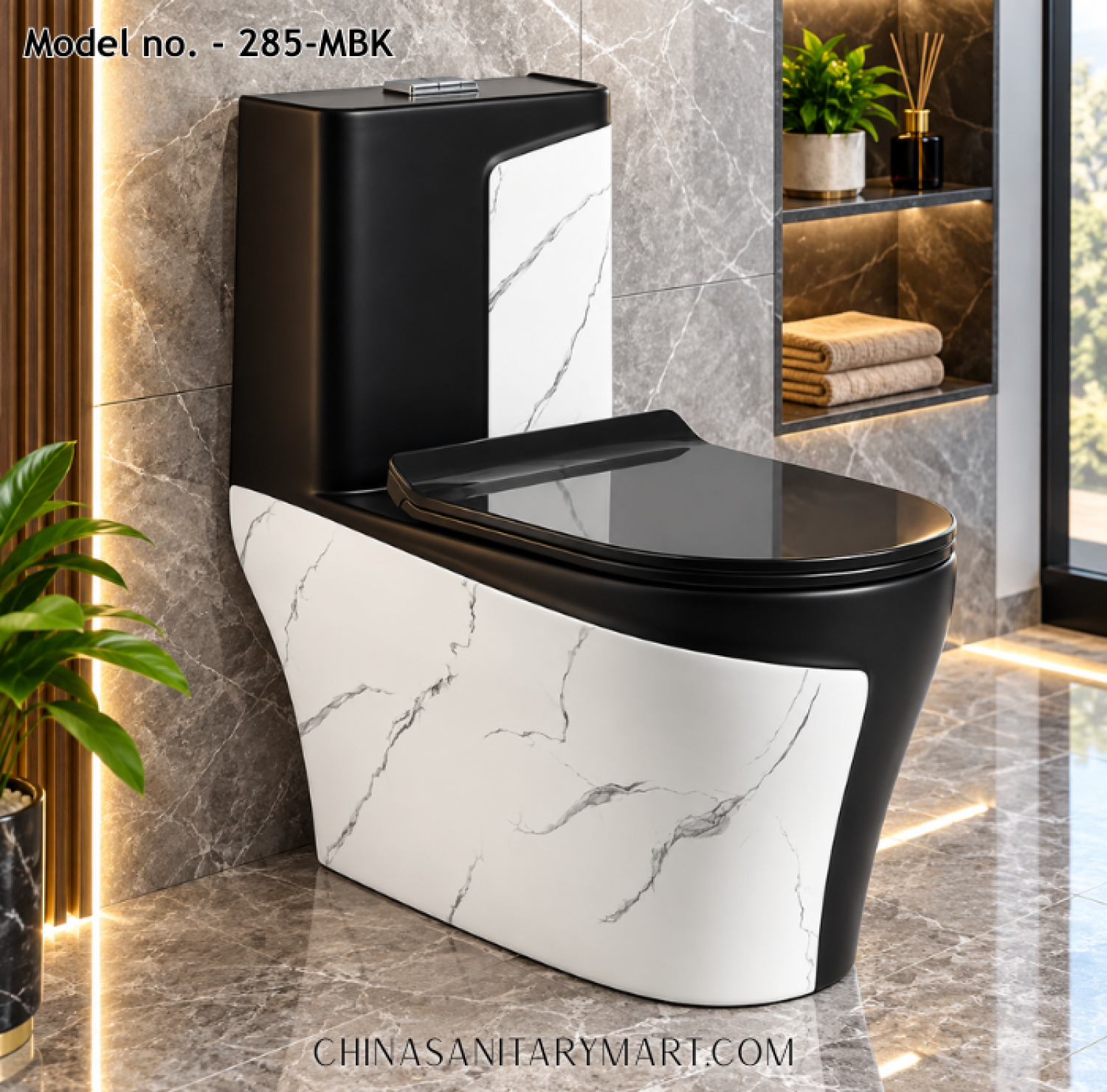 Tornado Jet Flush Commode 285-MBK Black White Marble Toilet, Luxury Designer Black Commode, Two Tone Marble Toilet