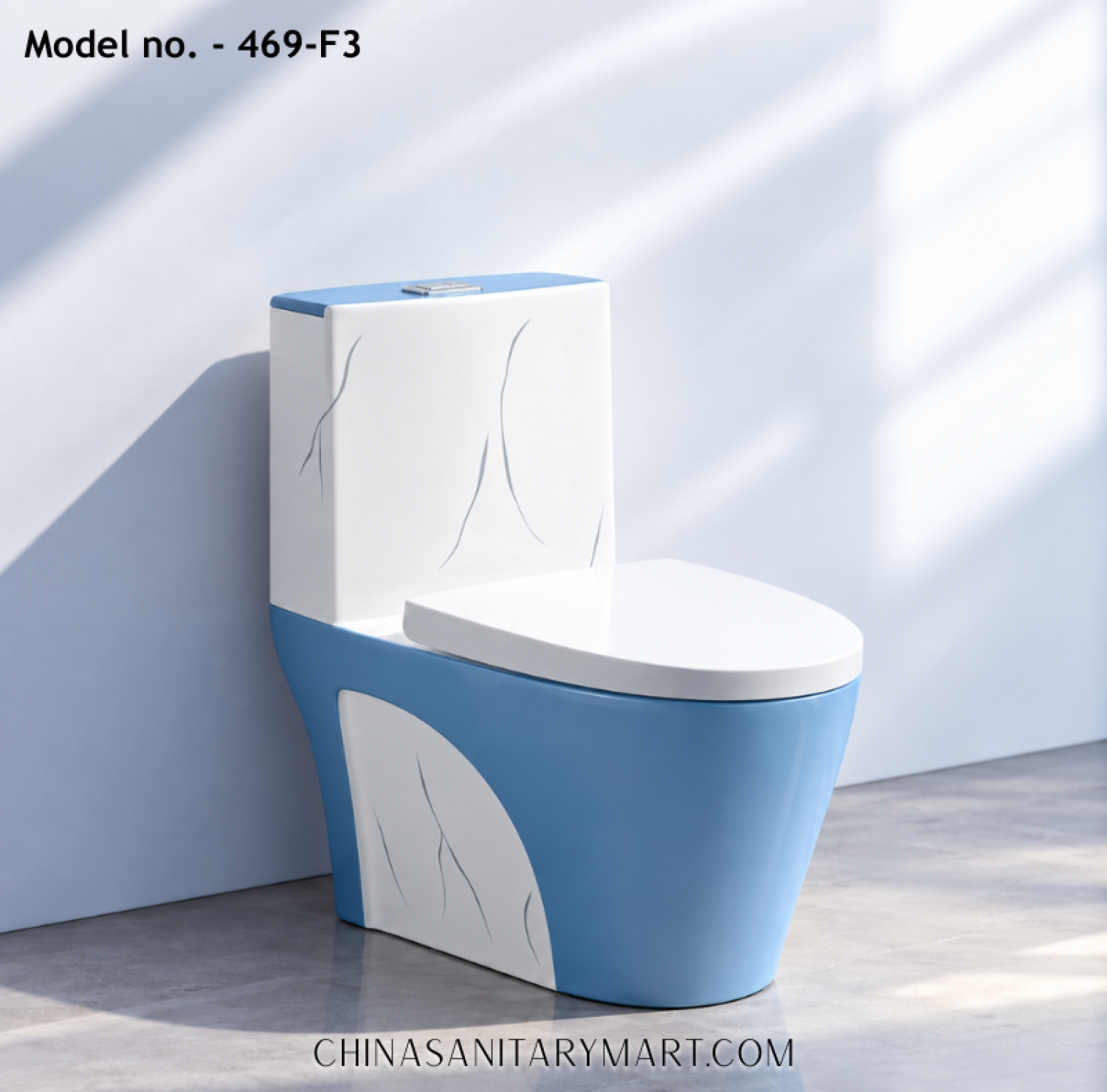 Tornado Jet Flush Commode 469-F3 Blue White Toilet, Blue Designer Commode, Modern Two Tone Marble Commode