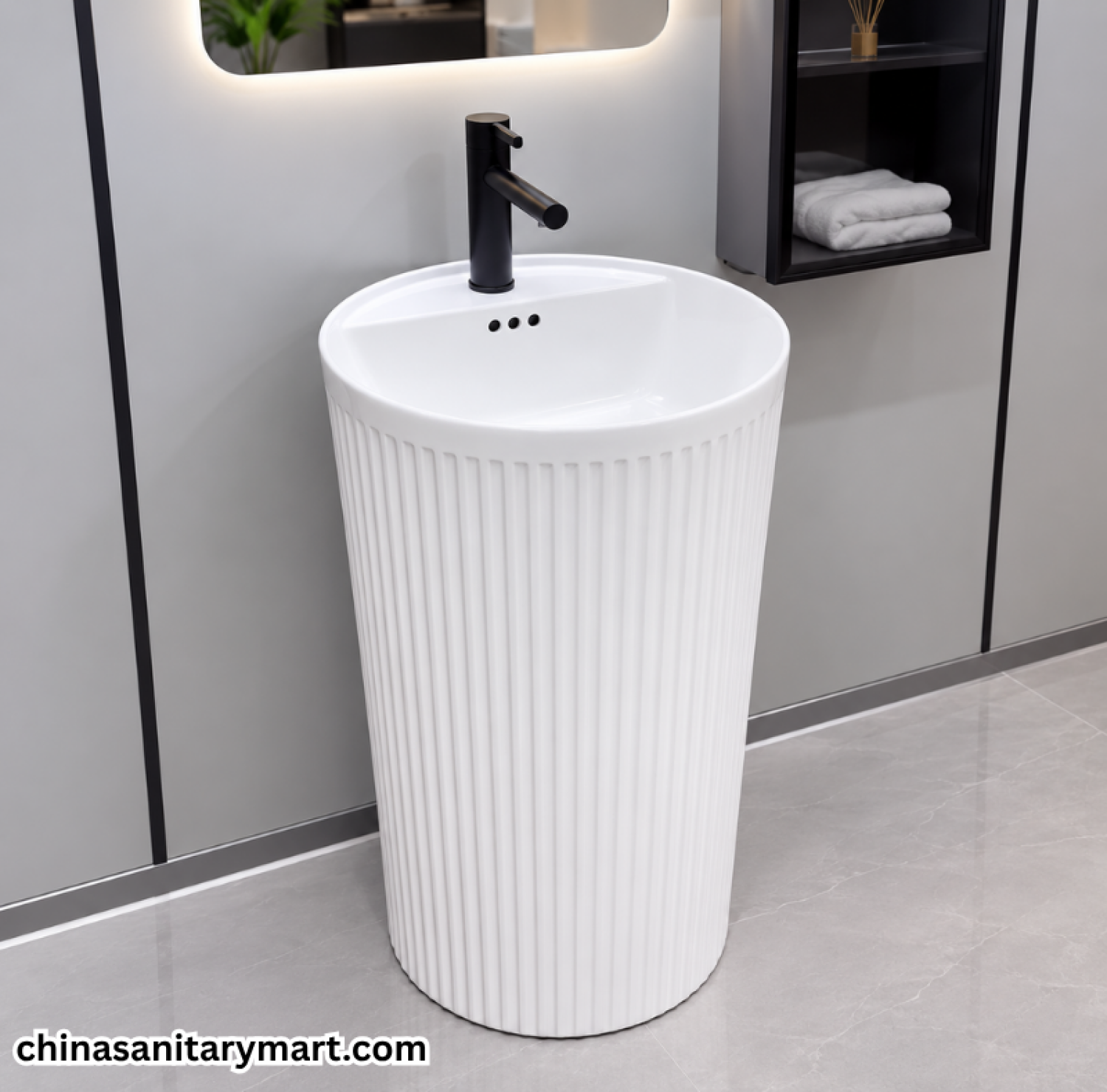18/18 Inch PB302 Glossy White Drum Basin, PB302 white drum basin, glossy white freestanding basin, fluted drum basin, ceramic bathroom basin