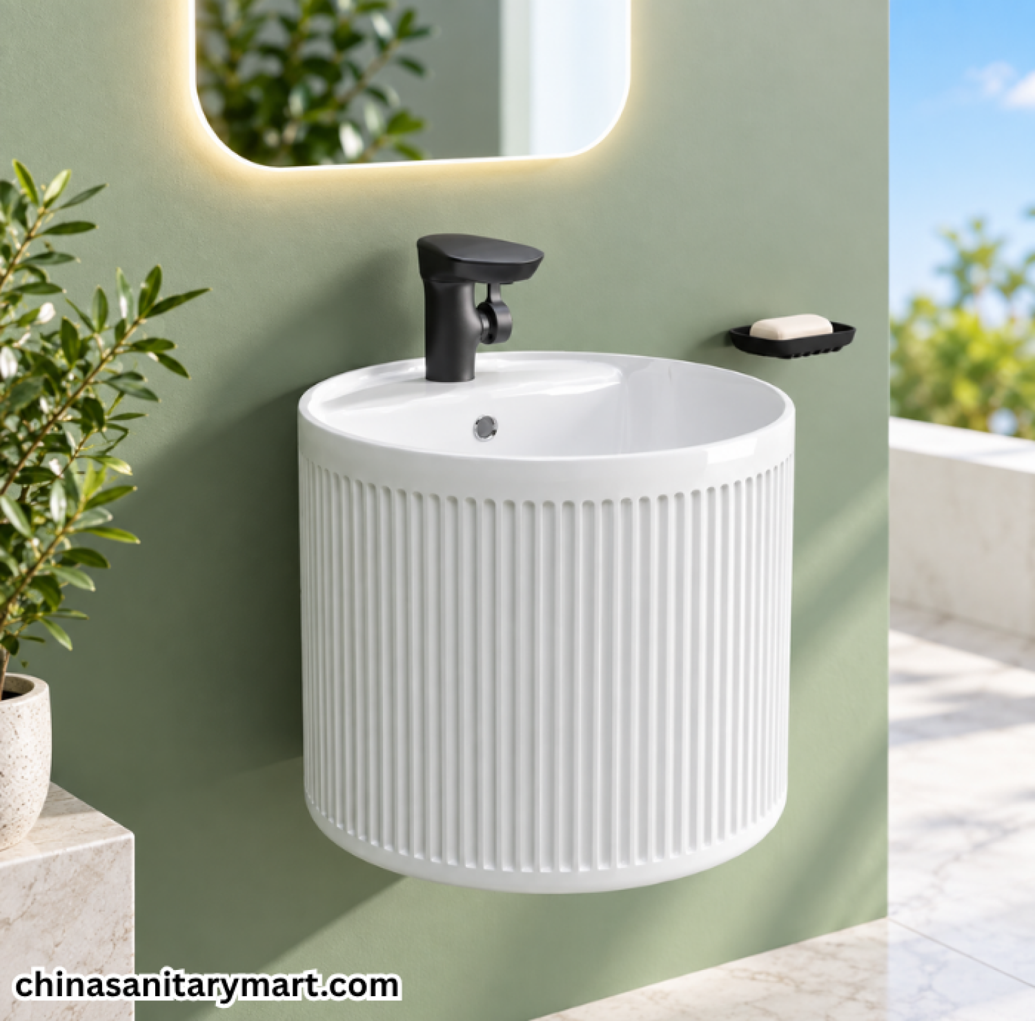 WB002 White Wall Hung Basin, 18 inch white wall hung basin, fluted wall mounted basin, glossy white ceramic basin, modern drum basin