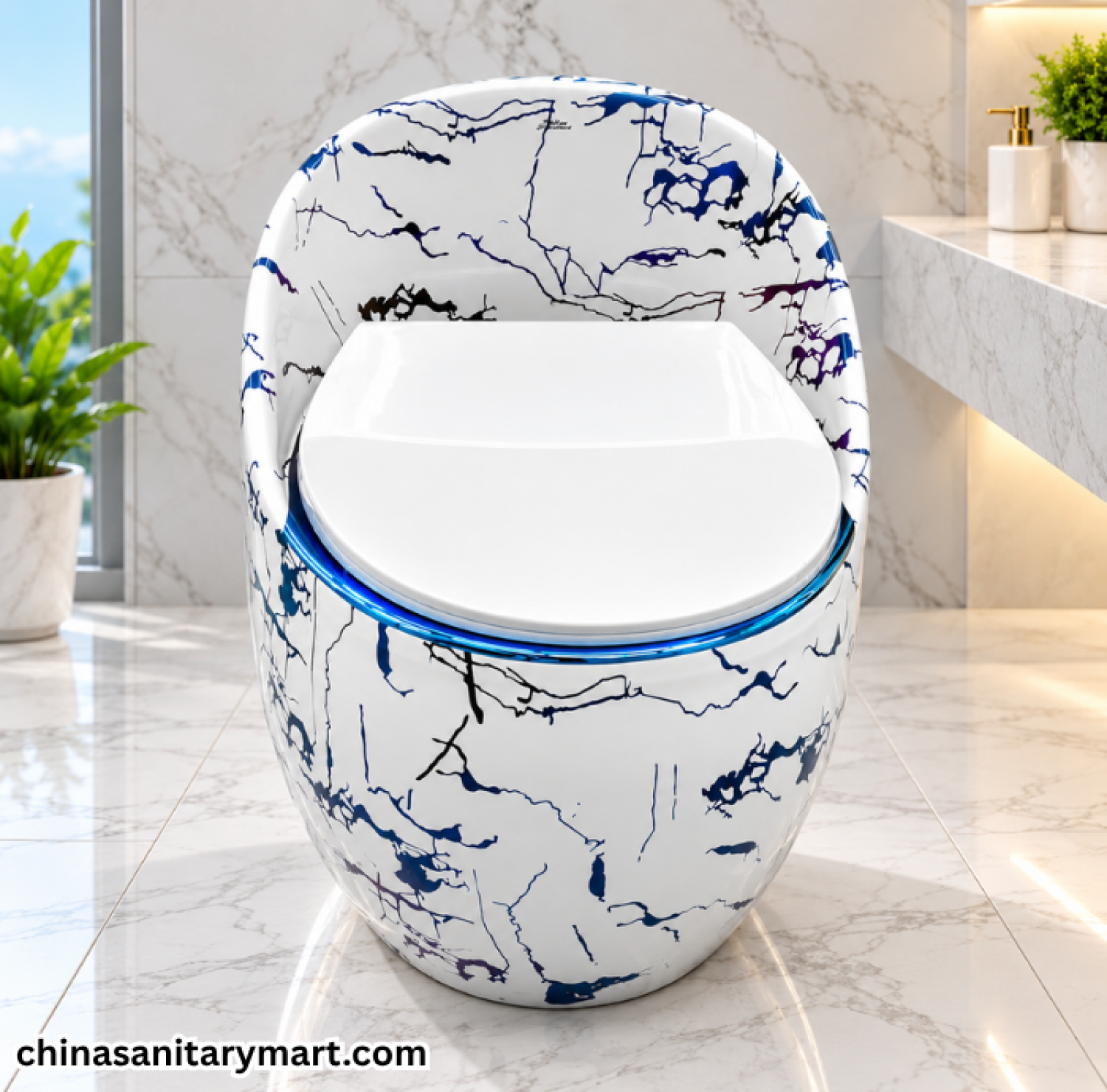 T088GF White Commode Blue Crackle Print Egg Shape, blue crackle egg shape toilet, white designer commode, blue white one piece commode, luxury bathroom toilet