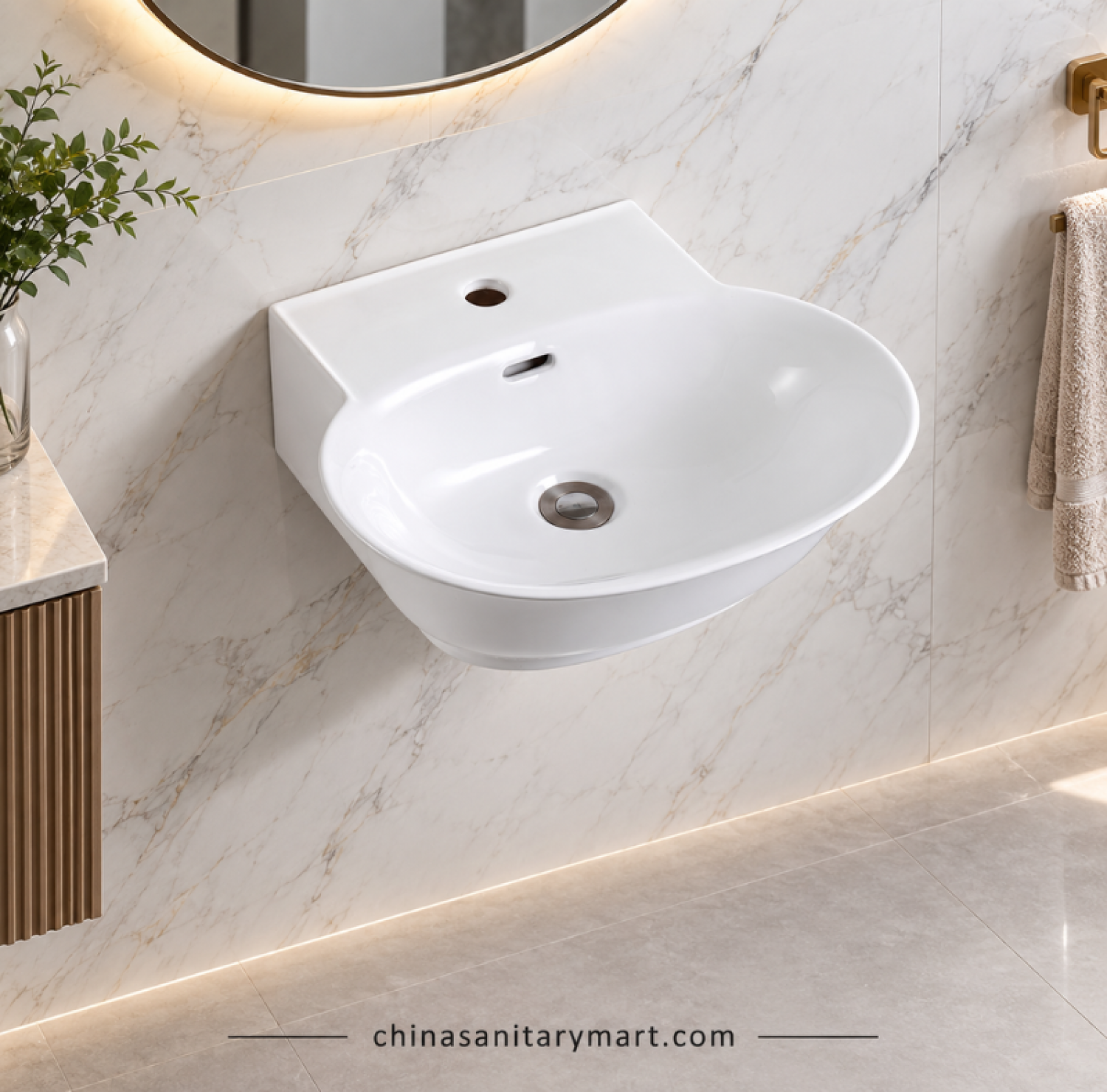 GV wall hung basin 20x18 inch, glossy white wall mounted ceramic basin, GV bathroom basin, wall hung wash basin Bangladesh