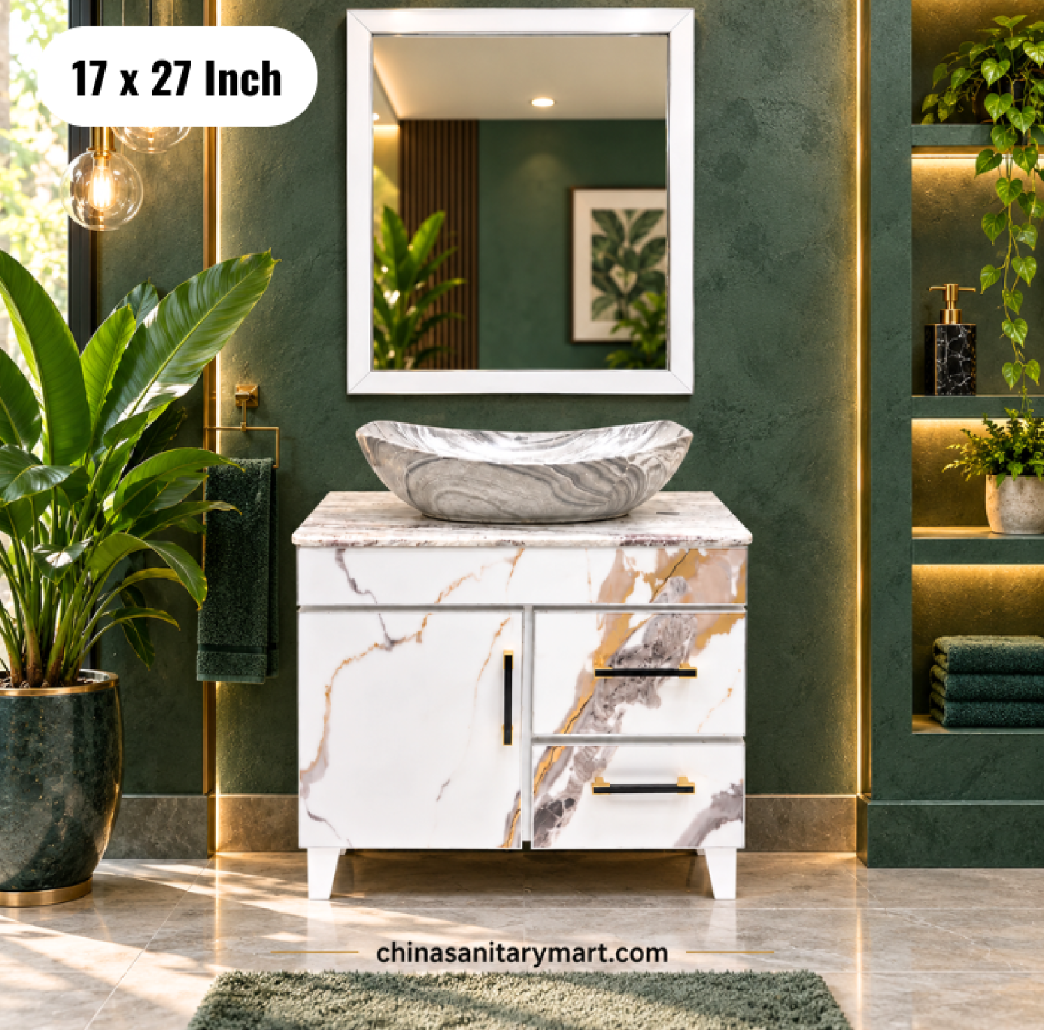 17x27 inch white marble basin cabinet, boat top basin vanity, white marble bathroom cabinet, basin cabinet with mirror, modern bathroom vanity set