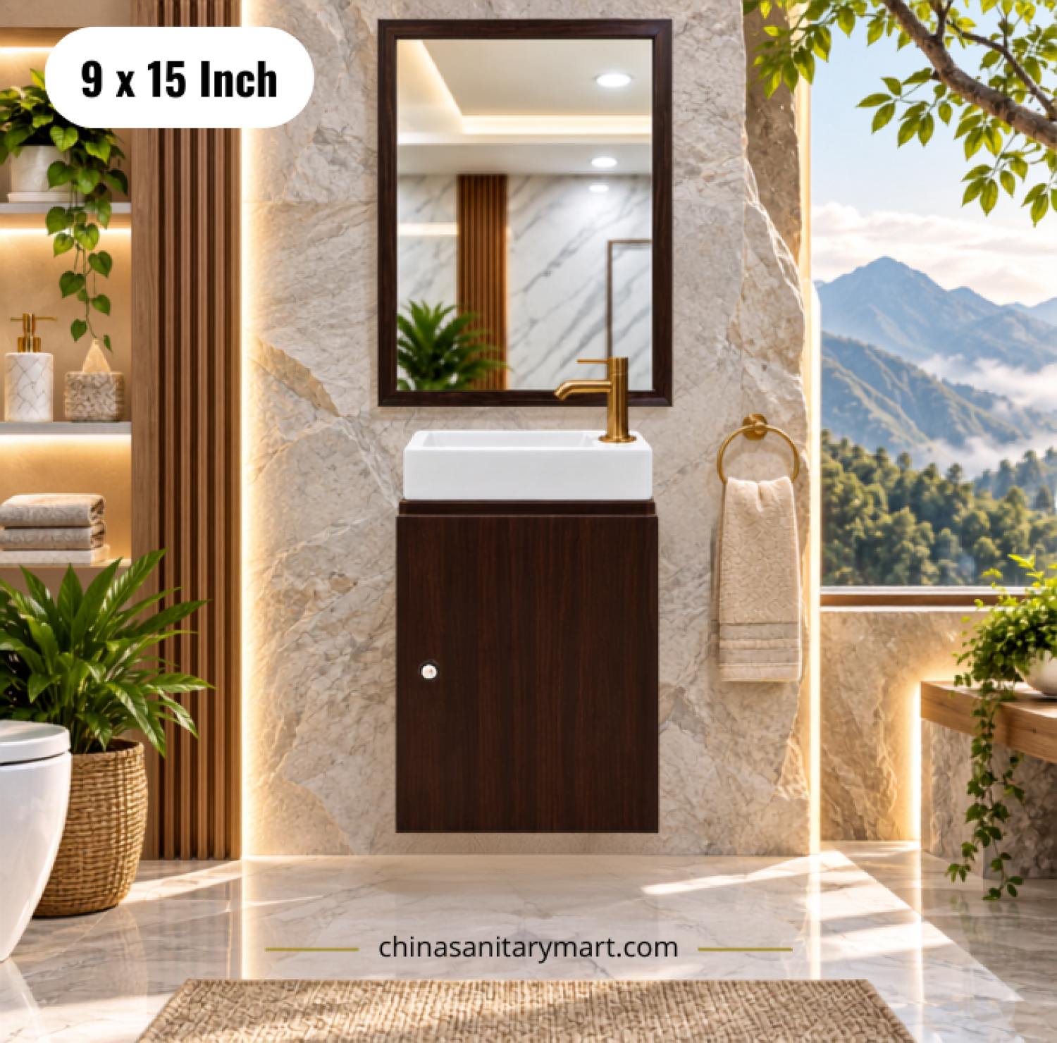 9x15 inch basin cabinet, dark wooden basin cabinet, wall mounted bathroom vanity, top basin with faucet and mirror, small bathroom vanity