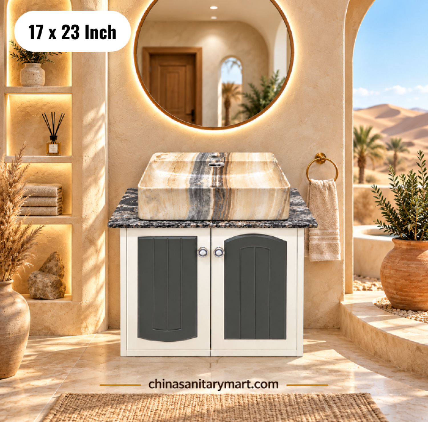 17x23 black gold basin cabinet, bathroom vanity, black gold top basin cabinet, white top basin with faucet, bathroom vanity with mirror