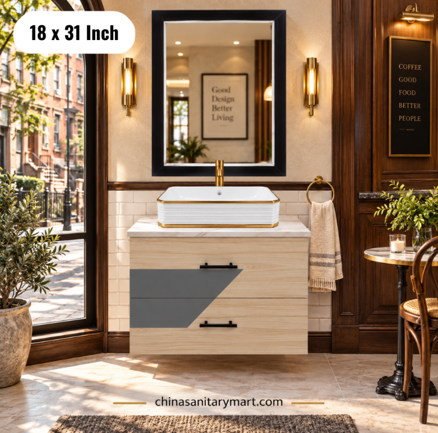18x31 wooden basin cabinet, wooden bathroom vanity with top basin, wall mounted basin cabinet with faucet and mirror, wooden vanity Bangladesh