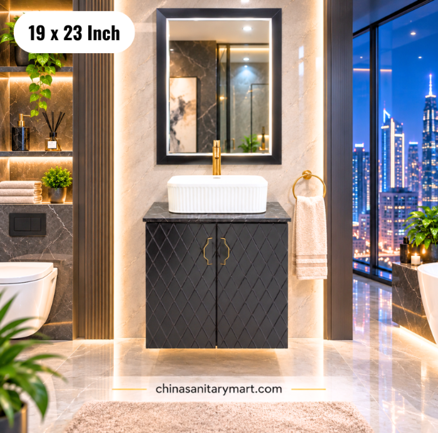 19x23 black basin cabinet, black bathroom vanity with white top basin, black basin cabinet with faucet and mirror, wall mounted vanity Bangladesh
